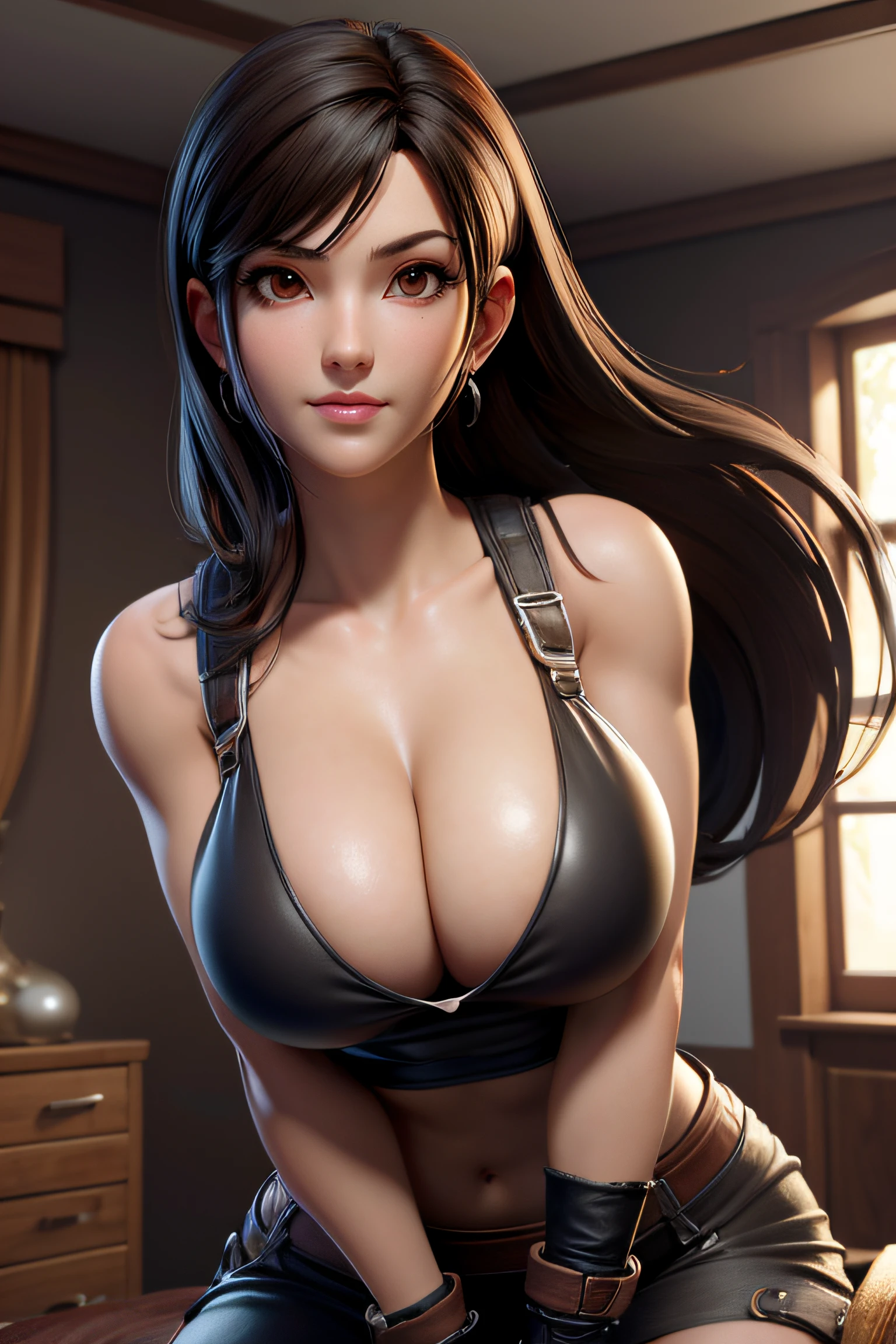 Close-up of a woman, tifa lockhart from final fantasy, on a room, medium breasts, 4K Quality, cleavage