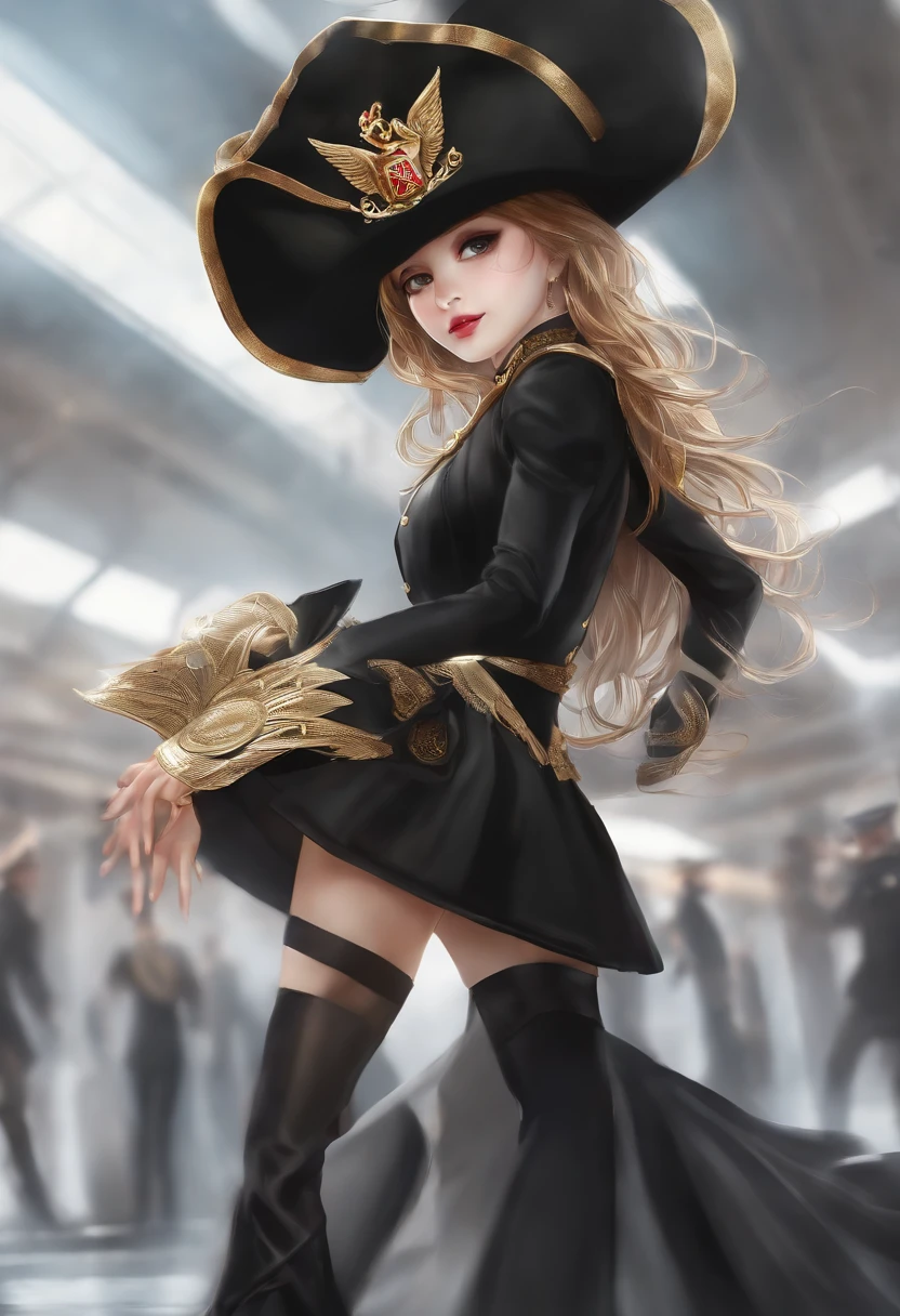 8620 (Dancing iron),8620 (uniform),Masterpiece, Best quality, Ultra-detailed, illustration,Black dress,Hat,Looking back,:D,White background,((eyes highlights))