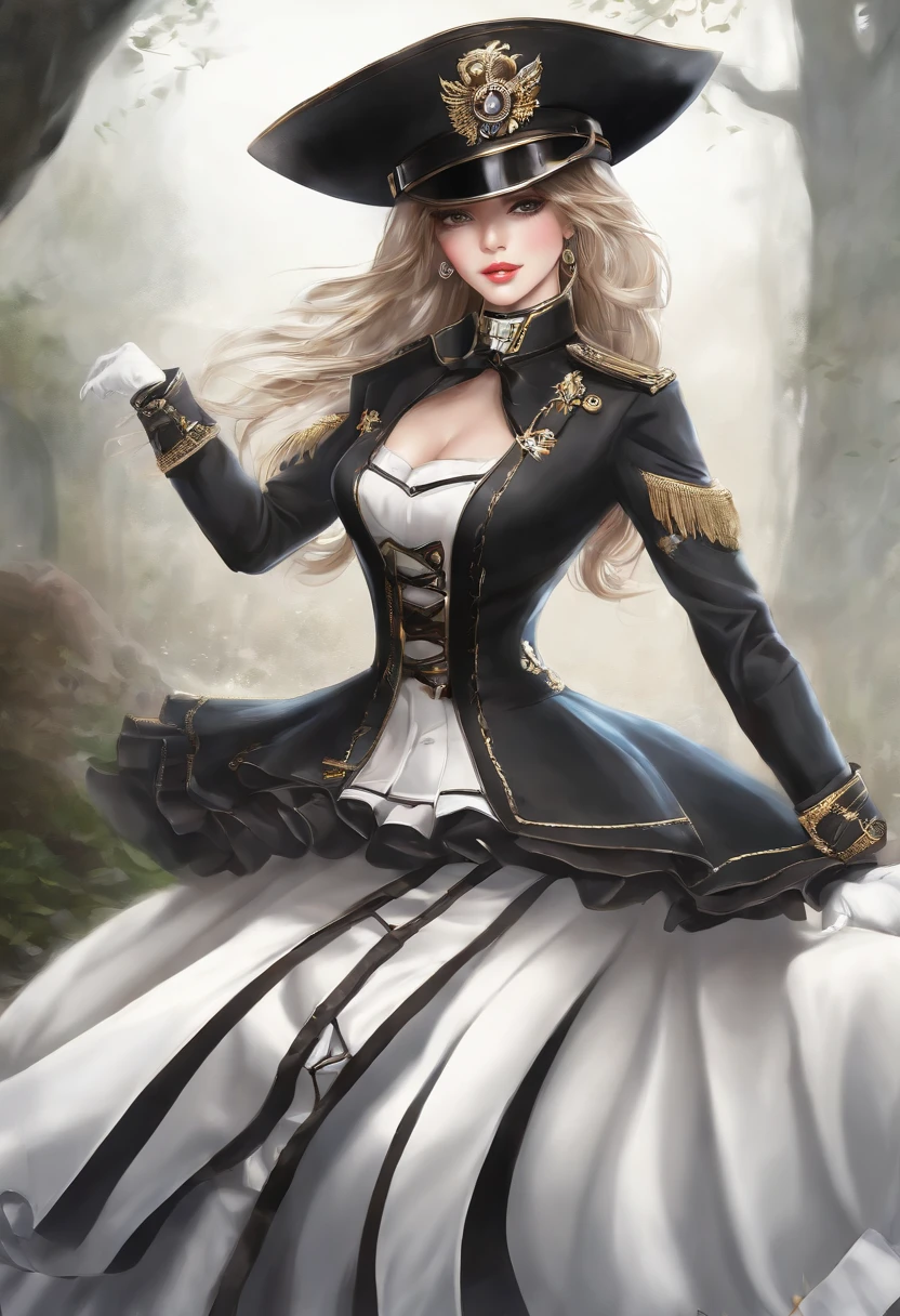 8620 (Dancing iron),8620 (uniform),Masterpiece, Best quality, Ultra-detailed, illustration,Black dress,Hat,Looking back,:D,White background,((eyes highlights))