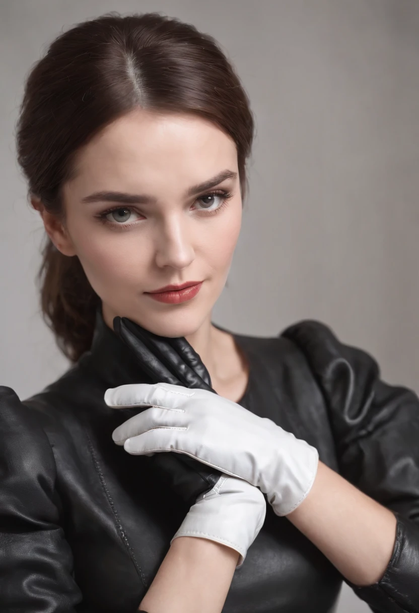A woman wearing black leather gloves in both hands, mysterious hands, white blouse sleeves, eating alone, close-up hands