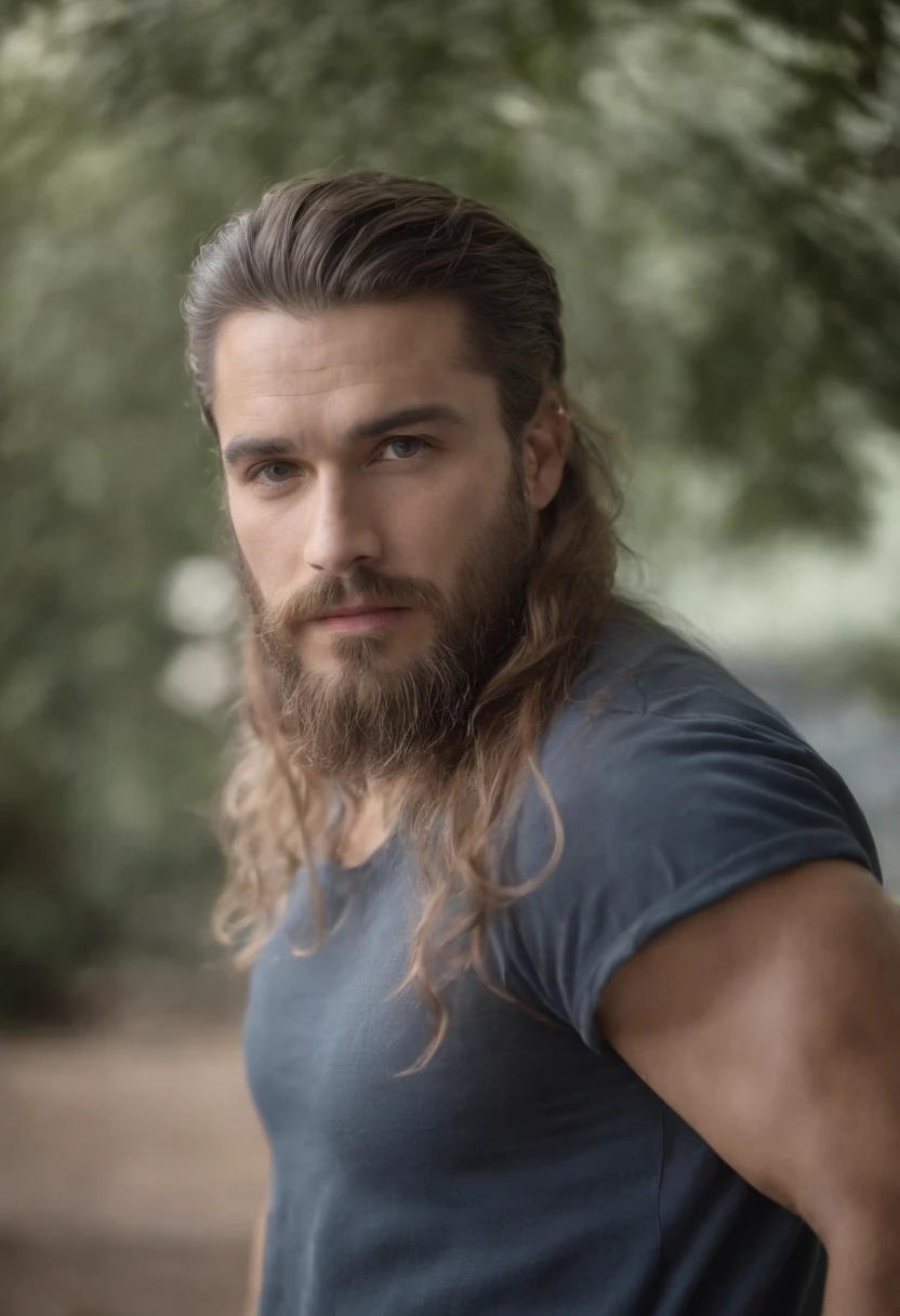 A 40 years old male, long hair, portrait of a ruggedly handsome male, muscular, half body, masculine, mature, Retrato de un joven, Muscular, real, winter