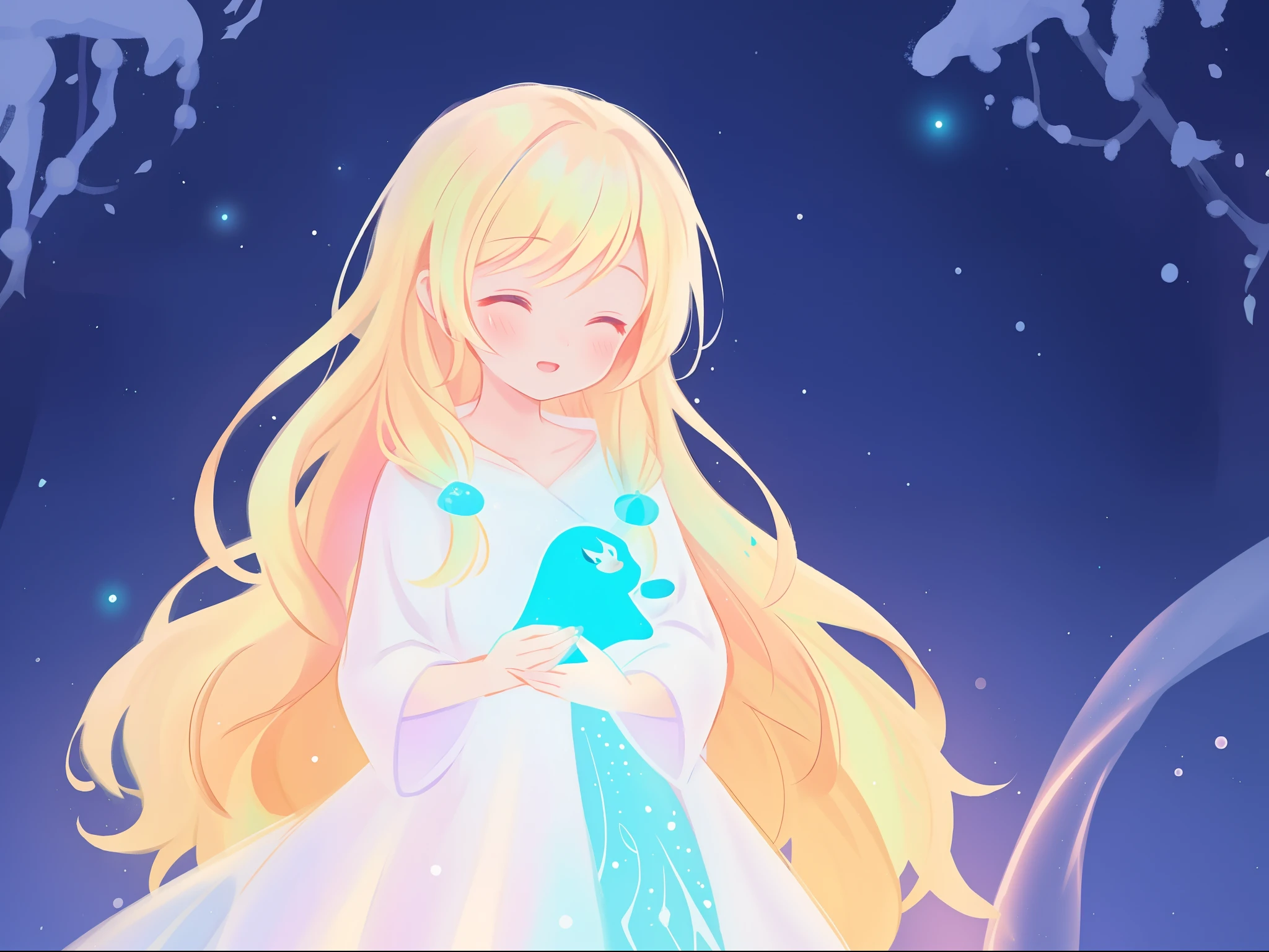 there is a girl in a dress that is standing in the snow, inspired by Glen Keane, inspired by Lois van Baarle, disney art style, by Lois van Baarle, glowing aura around her, by Glen Keane, jen bartel, glowing lights! digital painting, flowing glowing hair, glowing flowing hair, beautiful digital illustration, fantasia background, whimsical, magical