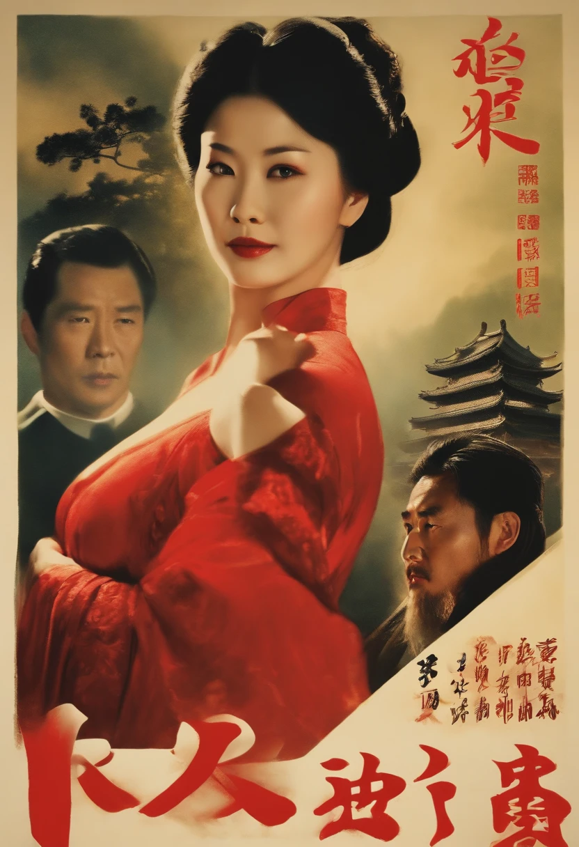 (Best quality, Movie poster style), A beautiful woman with (one red eye:1.2),(Meaningful Chinese screenwriting:1.1), Combine elements perfectly.