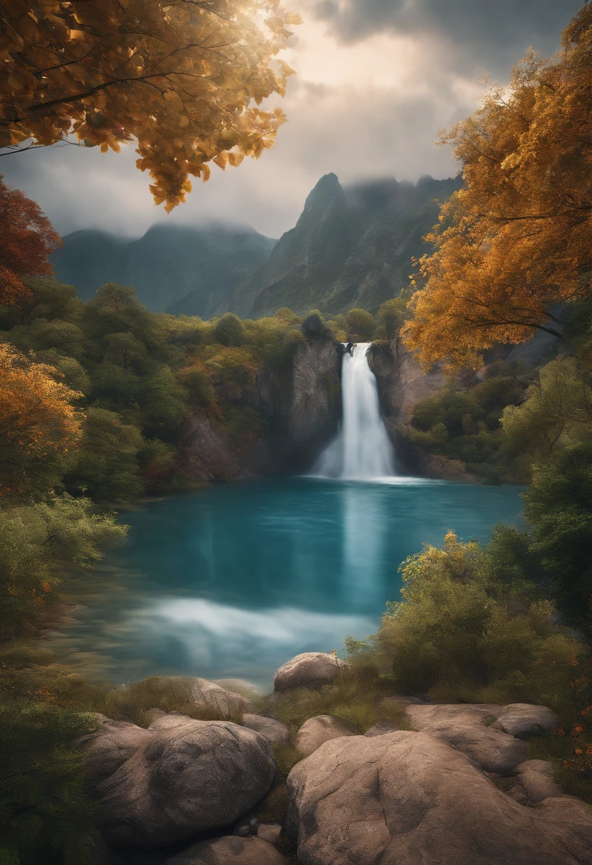 Masterpiece, Best quality, High quality, Extremely detailed Cg Unity 8K wallpaper, scenery, Outdoors, sky, Cloud, day, No Man, Mountain, landscape, water, tree, Blue sky, waterfallr, cliff, Nature, Lake, River, Cloudy sky,award winning photography, Bokeh, Depth of field, hdr, full bloom, color difference ,Photorealistic,Extremely detailed, trending on artstationh, trending on CGSociety, Intricate, High detail, Dramatic, art by midjourney