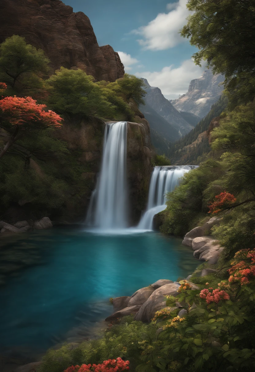 Masterpiece, Best quality, High quality, Extremely detailed Cg Unity 8K wallpaper, scenery, Outdoors, sky, Cloud, day, No Man, Mountain, landscape, water, tree, Blue sky, waterfallr, cliff, Nature, Lake, River, Cloudy sky,award winning photography, Bokeh, Depth of field, hdr, full bloom, color difference ,Photorealistic,Extremely detailed, trending on artstationh, trending on CGSociety, Intricate, High detail, Dramatic, art by midjourney