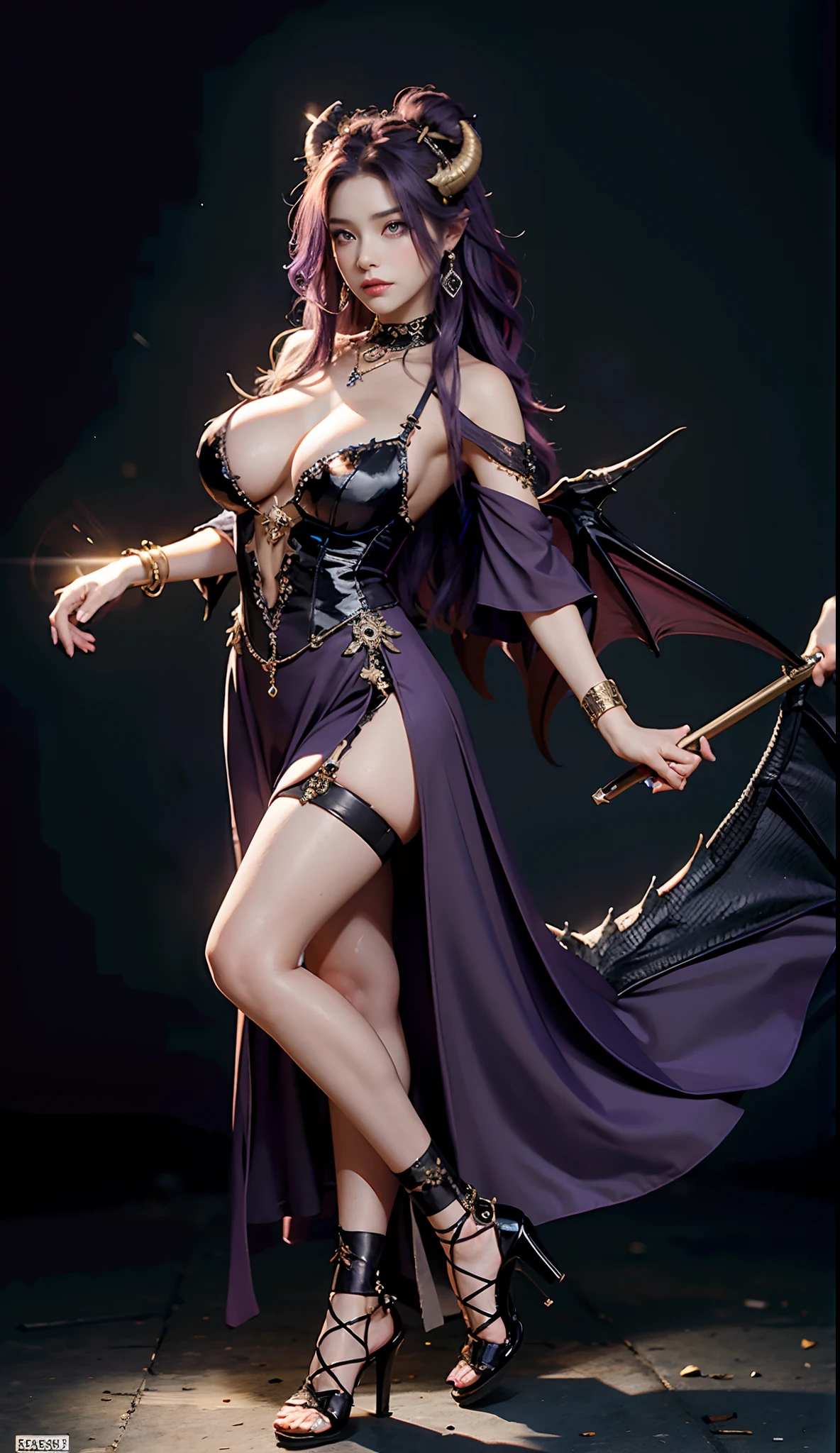 (Dark night,Bedrooms:1. a mature female,Purple-black hair,A pair of dragon horns,A pair of huge dragon wings,standing on your feet,One word step,Flirtatious), tmasterpiece, best qualtiy, RAW photogr, realisticlying, Incredibly Ridiculous res,, ear studs, (Long flowing purple hair),eye shadows,Bracelet,head chain,(A wide variety of intricate jewelry),eardrop,foot ring,Black ta dress long dress,(Black suspender stockings+),high-heels,Jade foot,depth of fields, A high resolution, ultra - detailed, filigree, RAWE is very detailed, very detailed eyes and faces, Sharp pupils, realistic pupil, tack sharp focus, cinmatic lighting,full bodyesbian,Bigboobs,long leges,From the front side,banquet,dynamicposes,Normal posture,closeup of face