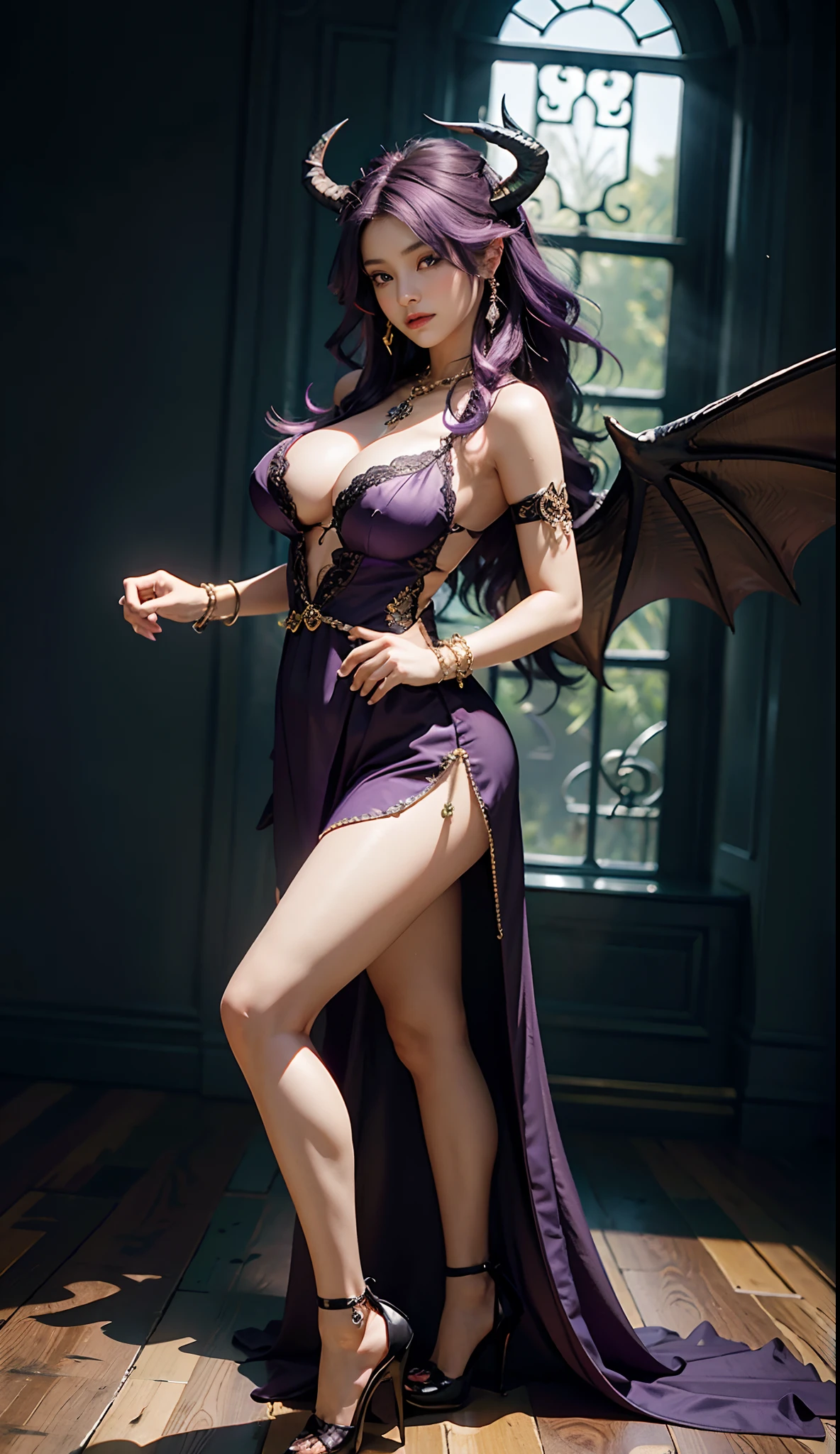 （Dark night，Bedrooms：1. a  female，Purple-black hair,A pair of dragon horns，A pair of huge dragon wings，standing on your feet，One word step，Flirtatious）， tmasterpiece， best qualtiy， RAW photogr， realisticlying， Incredibly Ridiculous res，， ear studs， (Long flowing purple hair)，eye shadows，Bracelet，head chain，(A wide variety of intricate jewelry)，eardrop，foot ring，Black Lolita long dress，（Black suspender stockings+），high-heels，Jade foot，depth of fields， A high resolution， ultra - detailed， filigree， RAWE is very detailed， very detailed eyes and faces， Sharp pupils， realistic pupil， tack sharp focus， cinmatic lighting，full bodyesbian，Bigboobs，lonFrom the front side，banquet，dynamicposes，Normal posture，closeup of face