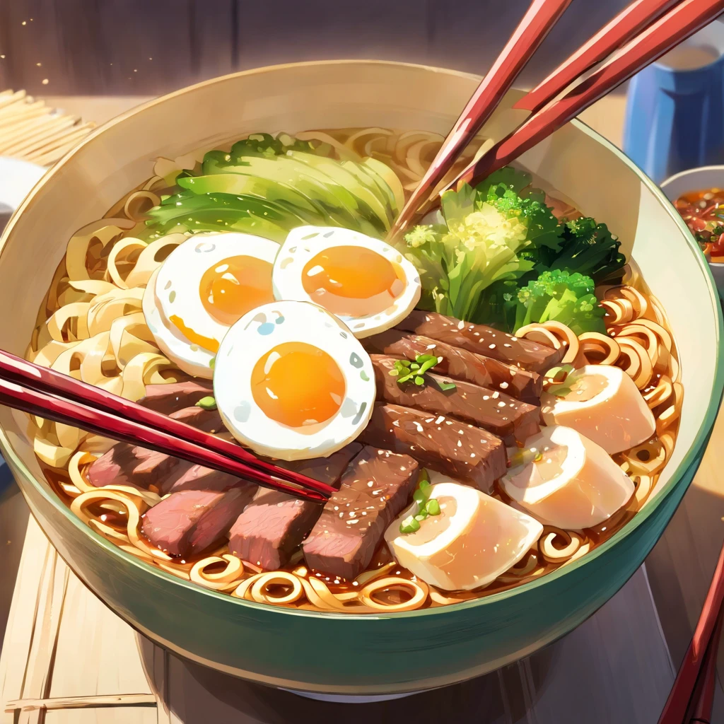 A bowl of beef noodles,Fresh vegetables,The poached egg aroma is overflowing,The brown shells are delicious,It was delicious,Pepper has a strong flavor,The yellow bamboo shoots are crispy and delicious,The fungus has a delicate taste,The final taste of tofu is great,The noodles held with chopsticks are fragrant。illustration