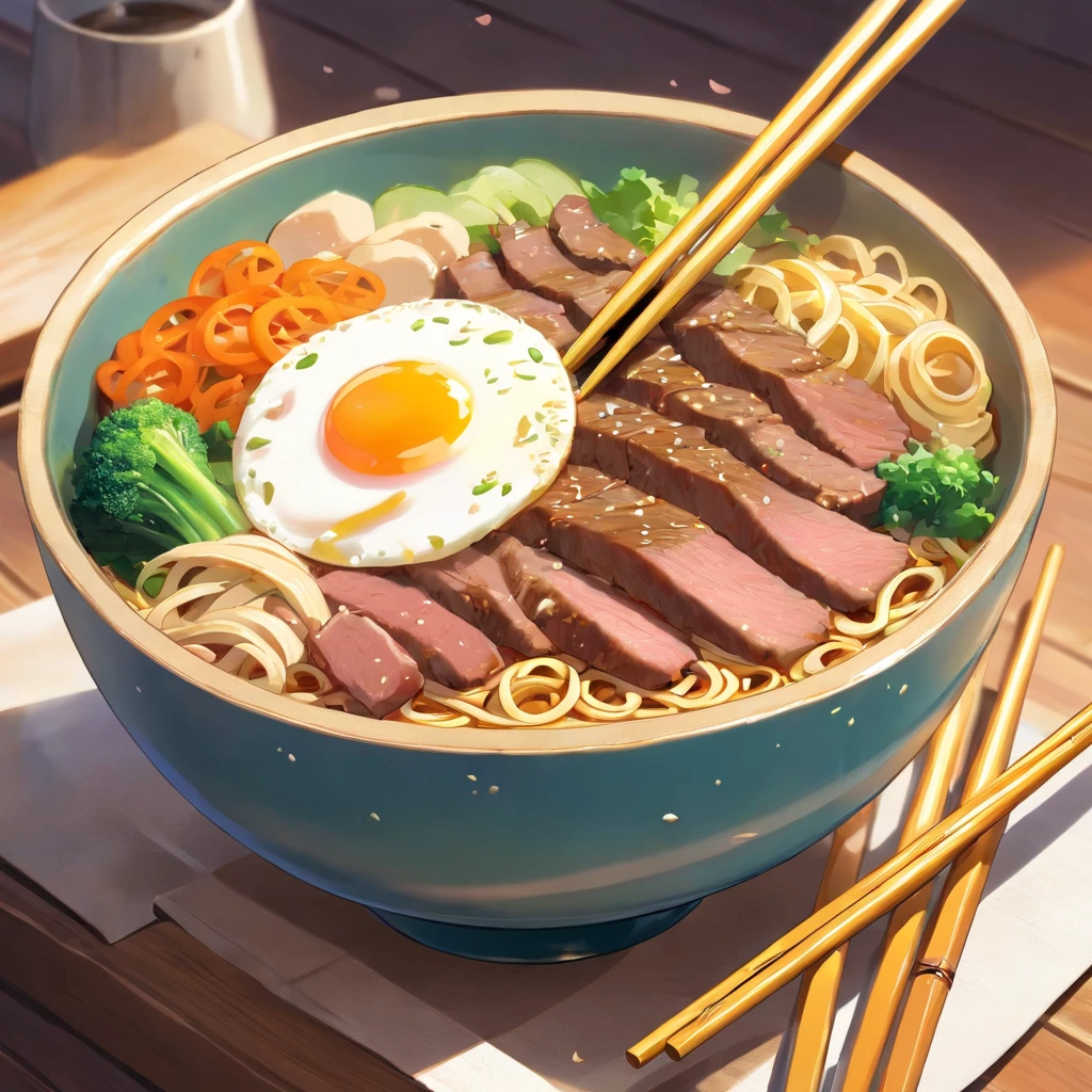 A bowl of beef noodles,Fresh vegetables,The poached egg aroma is overflowing,The brown shells are delicious,It was delicious,Pepper has a strong flavor,The yellow bamboo shoots are crispy and delicious,The fungus has a delicate taste,The final taste of tofu is great,The noodles held with chopsticks are fragrant。illustration