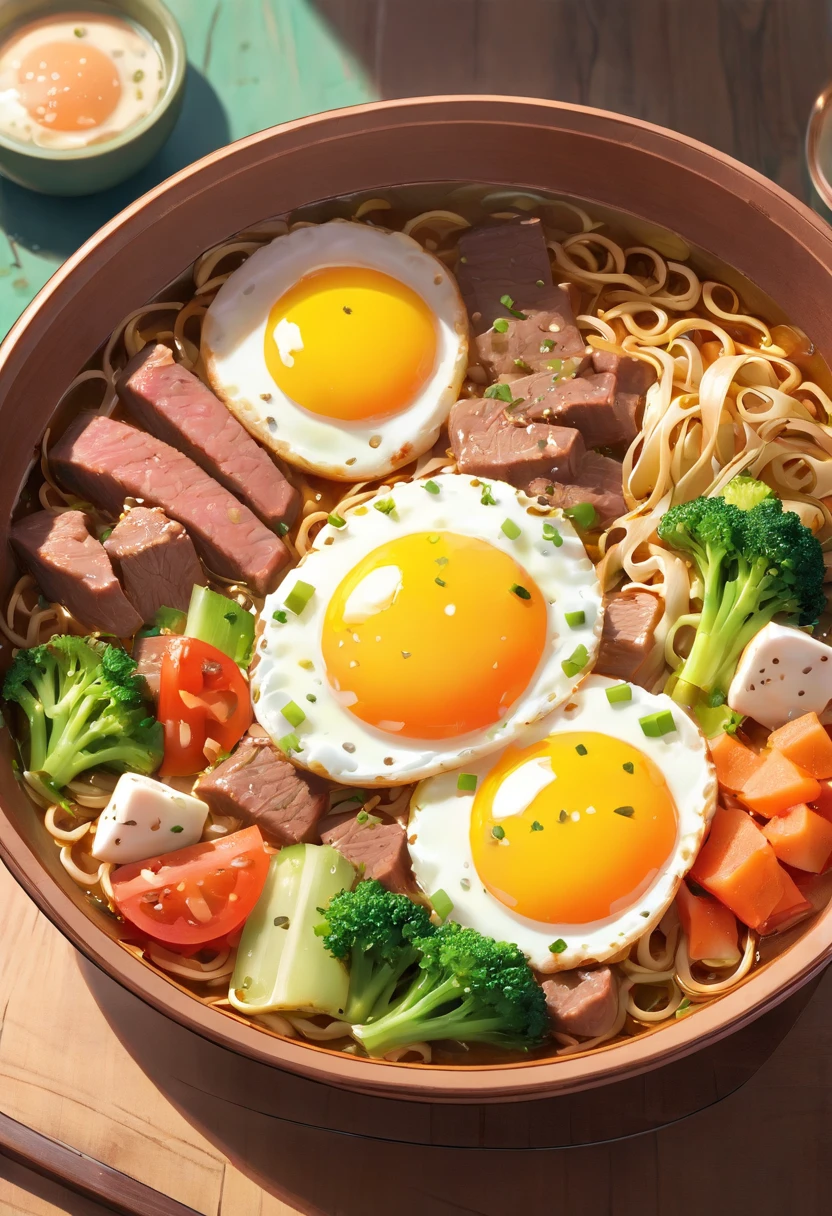 A bowl of beef noodles,Fresh vegetables,The poached egg aroma is overflowing,The brown shells are delicious,It was delicious,Pepper has a strong flavor,The yellow bamboo shoots are crispy and delicious,The fungus has a delicate taste,The final taste of tofu is great,High detail, Ultra detail, complexdetails, finedetail, Ultra detail, Super detail, Cinematic, Surrealistic soft light, Studio lighting, diffused soft lighting, Shallow depth of field, Sharp focus bokeh, Ray tracing, Subsurface scattering, Diffuse reflections illuminate hyperdetails, (Complexity, detail, Ultra detail, Super detail), Cinematic, Hyperrealistic