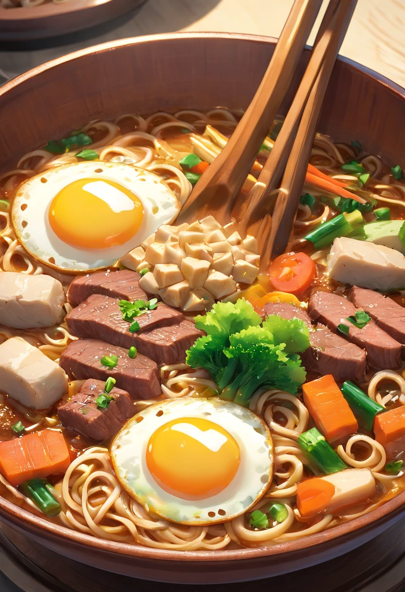 A bowl of beef noodles,Fresh vegetables,The poached egg aroma is overflowing,The brown shells are delicious,It was delicious,Pepper has a strong flavor,The yellow bamboo shoots are crispy and delicious,The fungus has a delicate taste,The final taste of tofu is great,High detail, Ultra detail, complexdetails, finedetail, Ultra detail, Super detail, Cinematic, Surrealistic soft light, Studio lighting, diffused soft lighting, Shallow depth of field, Sharp focus bokeh, Ray tracing, Subsurface scattering, Diffuse reflections illuminate hyperdetails, (Complexity, detail, Ultra detail, Super detail), Cinematic, Hyperrealistic