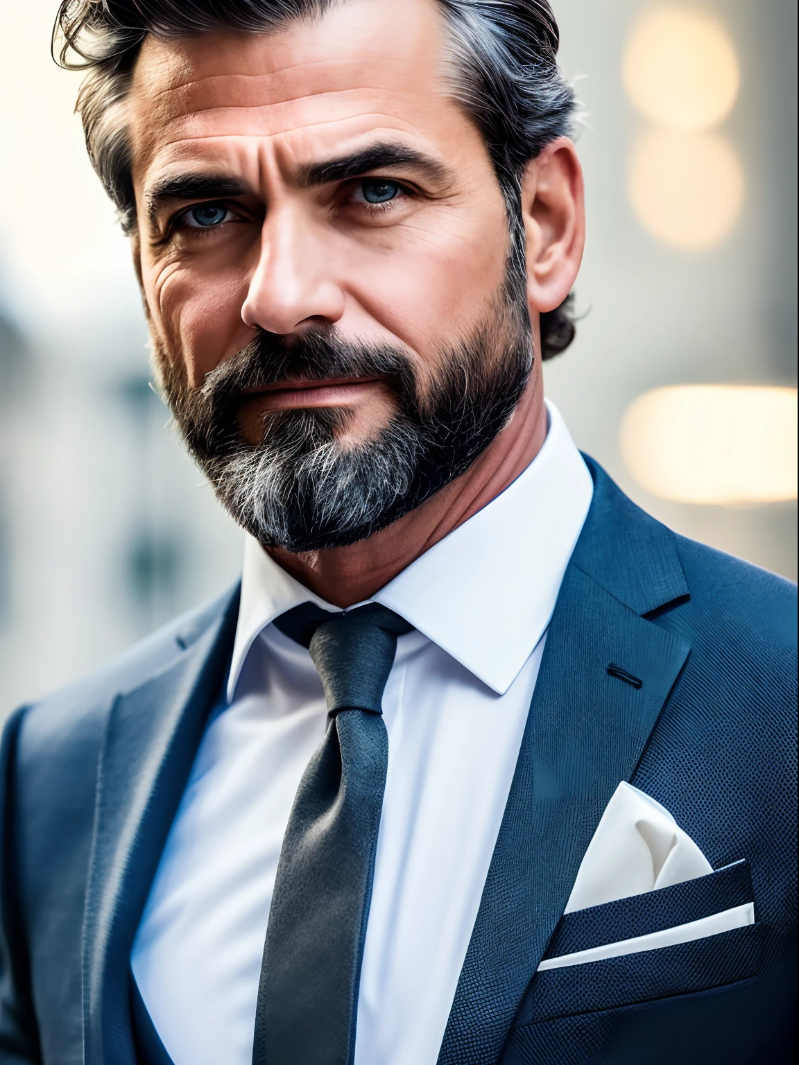 Mature male, little bearded, victroian suit, classic gentleman, high-class man, black suit,frowning,4k, high-res, masterpiece, best quality, sharp focus, (cinematic lighting), collarbone, [:(detailed face:1.2):0.2]  [half body potrait] [ classic suit], solo middle age man, 1 man, fit middle age man, strong middle age man, handsome middle age man, mascular middle age man with classy suit, charming, mascular middle age man.