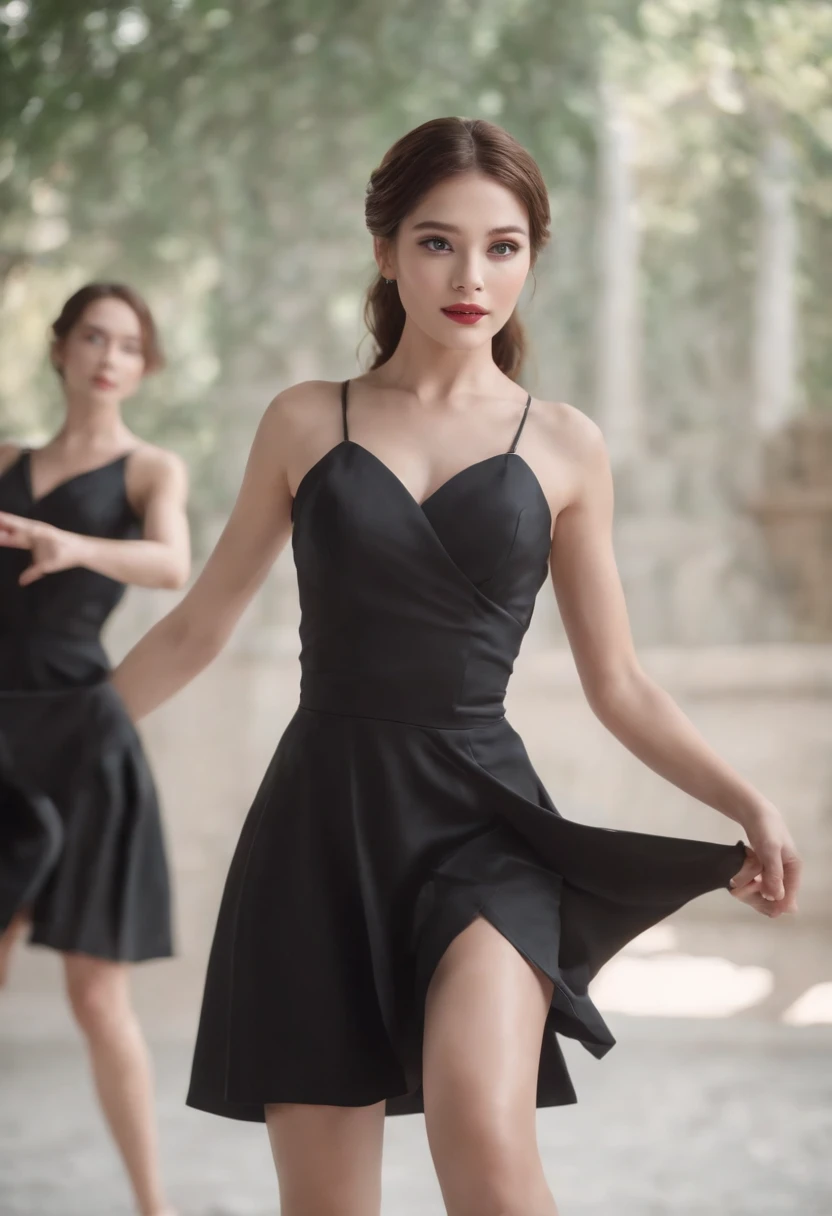 8620 (Dancing iron),8620 (uniform),Masterpiece, Best quality, Ultra-detailed, illustration,Black dress,Looking back,:D,White background,((eyes highlights))