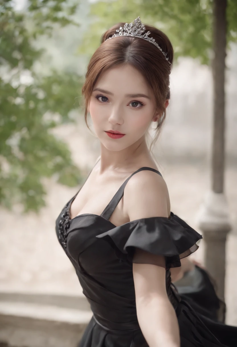 8620 (Dancing iron),8620 (uniform),Masterpiece, Best quality, Ultra-detailed, illustration,Black dress,Looking back,:D,White background,((eyes highlights))