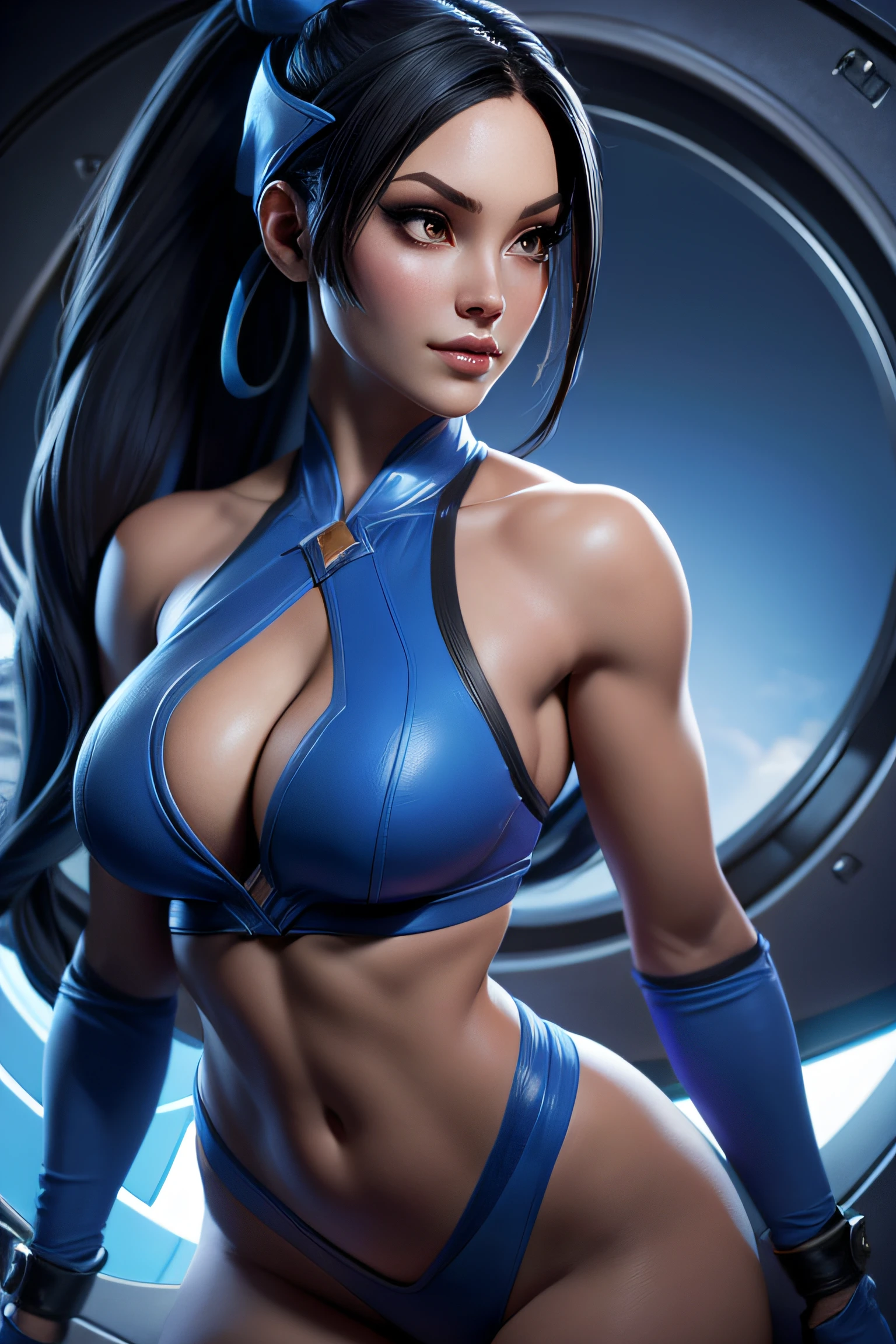 Close-up of a woman, kitana from mortal kombat, cleavage, in a spaceship, medium breasts, 4K Quality, sexy, exercised thighs, blue bikini
