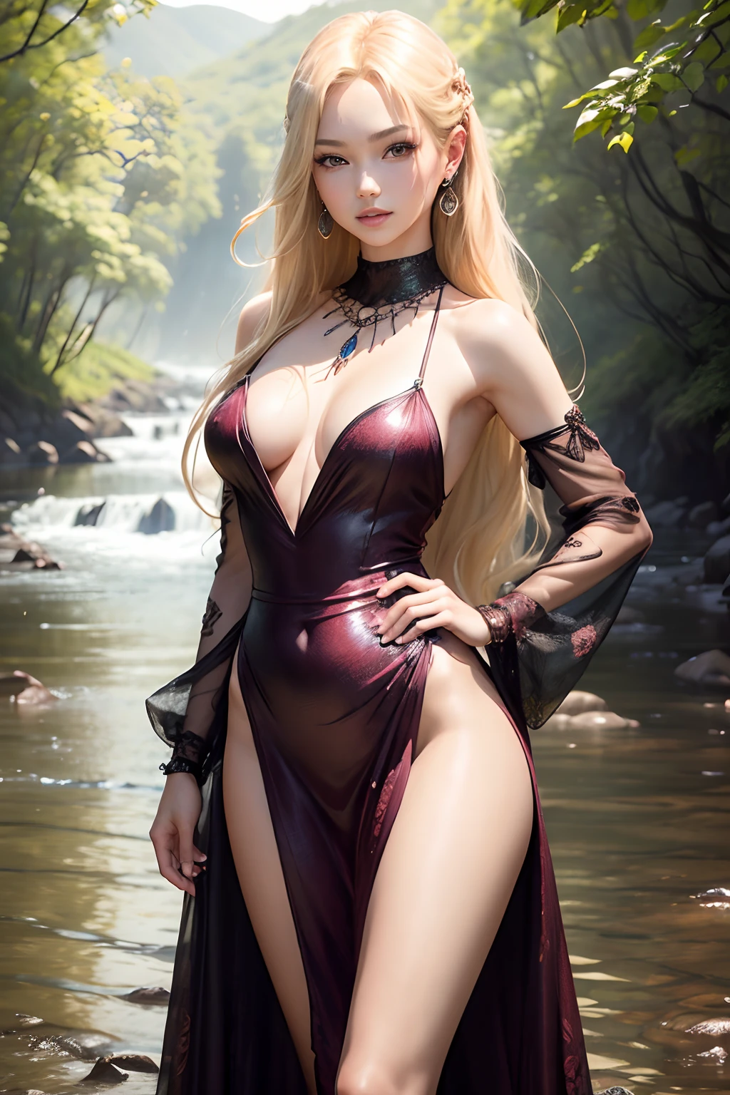 (masterpiece), a stunning photograph of blackpink rose, full body, 8k, raw photo, looking at viewer, (highly detailed skin:1.2), small breasts, slim body, blonde hair, (photorealistic:1.4), sunflower long dress , solo, jewelry, earrings, (looking at viewer), long hair, brown eyes, portrait, realistic, smile, makeup, river and nature in background