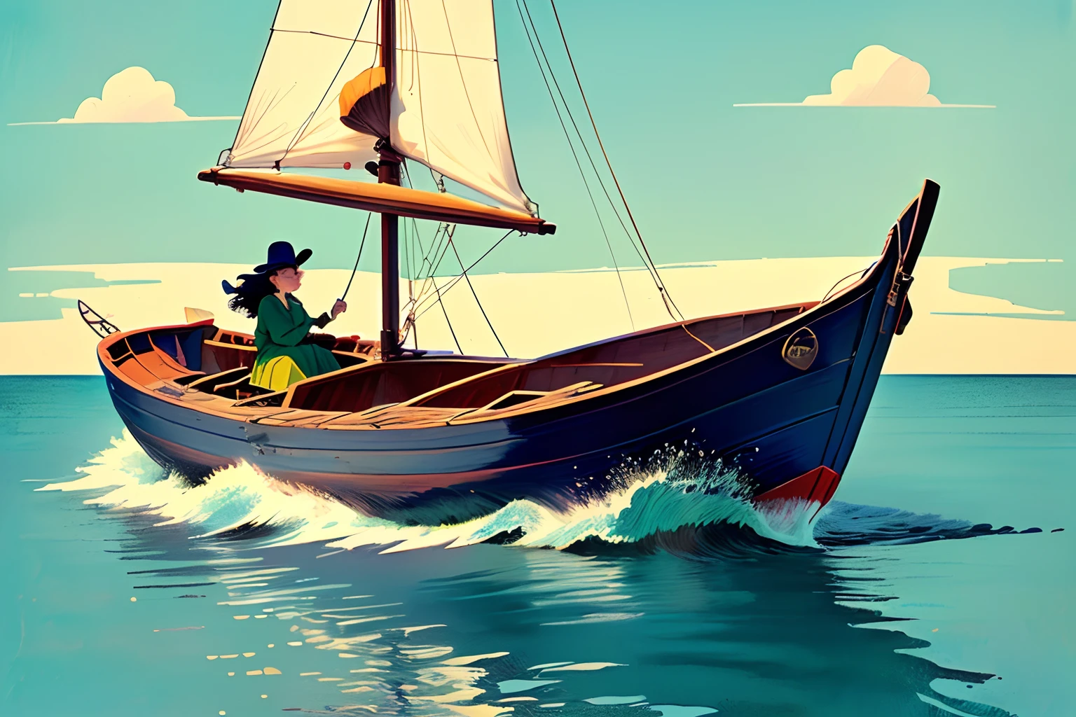Girl , A little wooden boat on the sea, nice weather , in the style of serene pastoral scenes, minimalist cartooning, lo-fi aesthetics, kunio okawara, herge, soft color fields, maurice sendak --ar 3:4 —niji 5