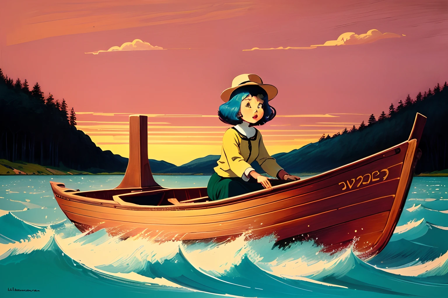 Girl , A little wooden boat on the sea, nice weather , in the style of serene pastoral scenes, minimalist cartooning, lo-fi aesthetics, kunio okawara, herge, soft color fields, maurice sendak --ar 3:4 —niji 5