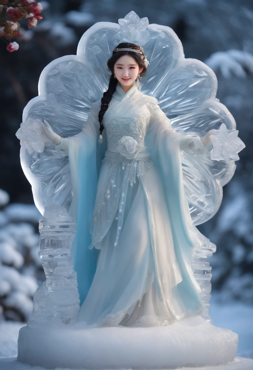 (ice - carving:1.4),Movie Angle,(Cute ice sculpture girl,Anatomically correct,full bodyesbian,Masterpiece ice sculpture camellia,Representative work Hanfu,Smile)