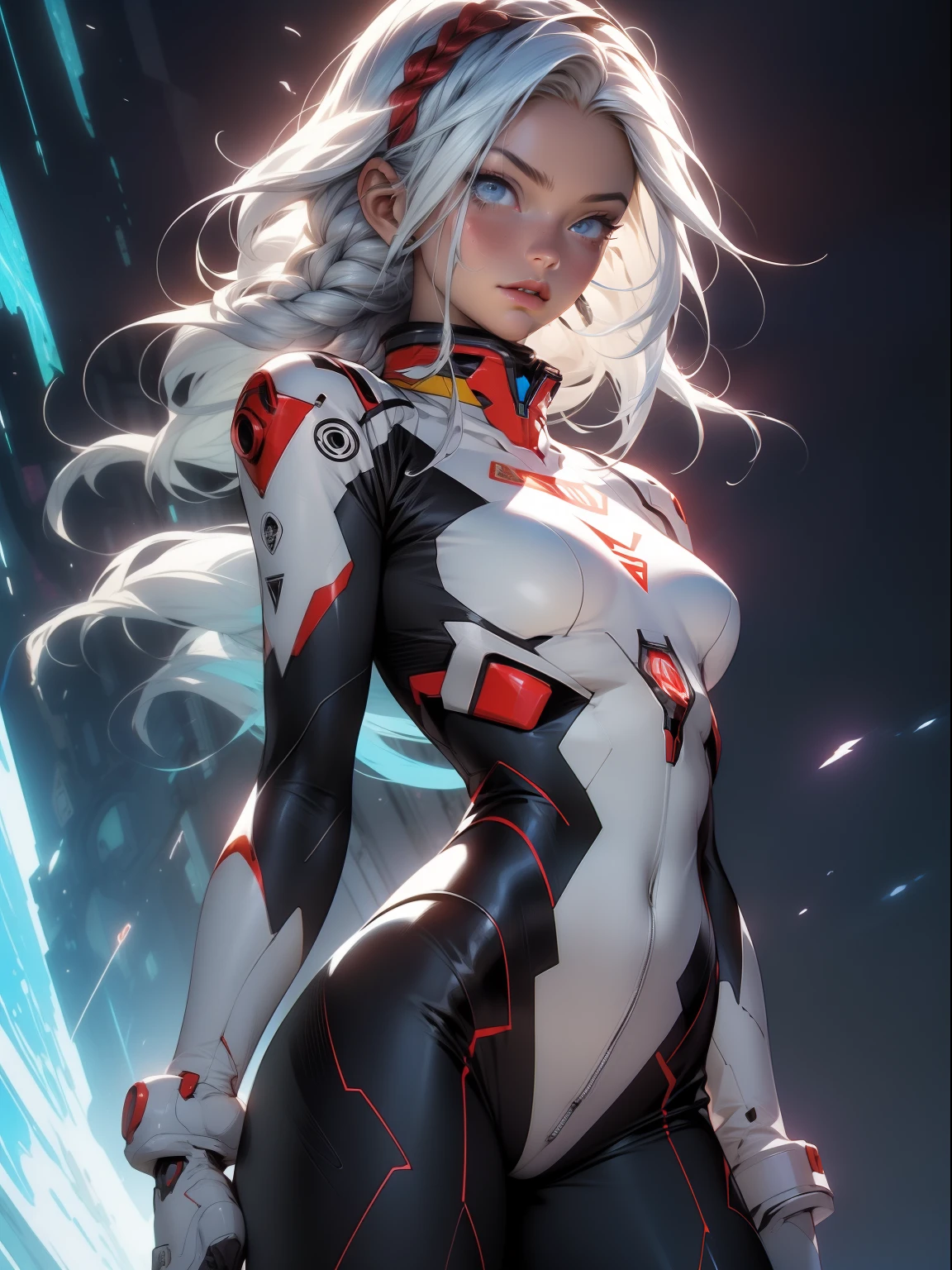 ((Best quality)), ((masterpiece)), (detailed: 1.4), (Absurd), Fighter pilot woman ready for war, dark skin, flash dc comics, lightning and lightning, muscular sculptural body defined, (( full body )), half thick naked thighs, closed mouth, muscular body covered by technological clothing, Neon Genesis Evangelion style, cyberpunk, generous neckline, ((perfect medium breasts)), (super light blue eyes without pupils),  ((white and dark red clothing)), (((white hair with braid))), long eyelashes heavy makeup, garter belt, by mucha, niji --V5, close to real, psychopathic, crazy face, sexy pose, background with a giant head of Genesis evangelion neon style robot, 2 pieces clothing, shoulder pads with airplane wings, pastel, centered, scale to fit the dimensions, HDR (High Dynamic Range), Ray Tracing,NVIDIA RTX,Super-Resolution,Unreal 5,Subsurface Dispersion, PBR Texture, Post-processing, Anisotropic Filtering, Depth of Field, Maximum Clarity and Sharpness, Multilayer Textures, Albedo and Specular Maps, Surface Shading, Accurate Simulation of Light-Material Interaction, Perfect Proportions, Octane Render, Two-Tone Lighting, Wide Aperture, Low ISO, White Balance, Rule of Thirds, 8K RAW, Crysisnanosuit