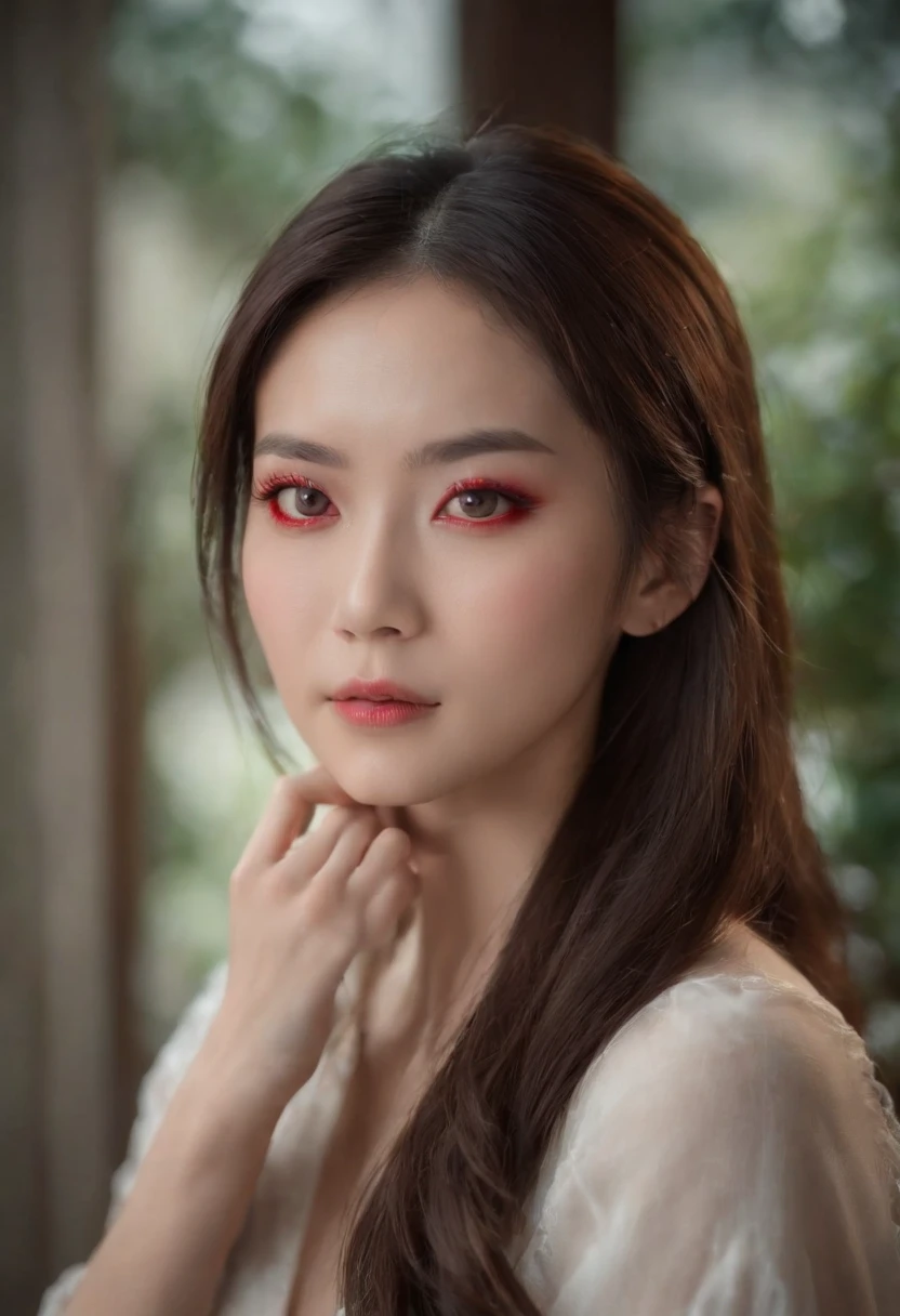 (Best quality, Movie poster style), A beautiful woman with (one red eye:1.2),(Meaningful Chinese screenwriter:1.1), The perfect combination of elements.