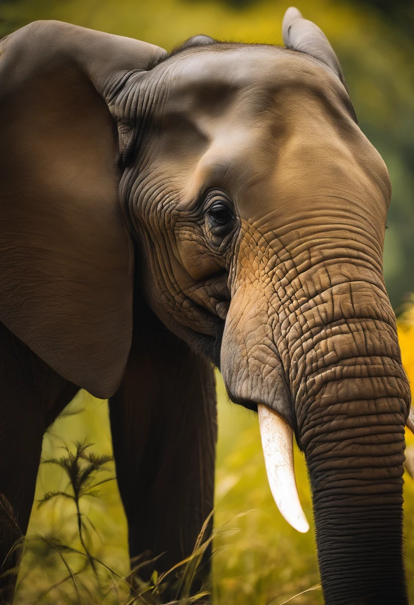 High National Geographic symmetry close-up portrait of expressive elephant in green jungle, Anamorphic lenses, Ultra-realistic, Hyper-detailed, Green core, Jungle Core – AR 16:9 –q 2 –v 5