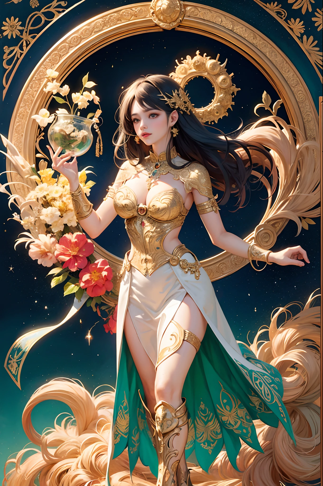 (masterpiece, top quality, best quality, official art, beautiful and aesthetic:1.2), (1girl), extreme detailed,colorful,highest detailed, official art, unity 8k wallpaper, ultra detailed, beautiful and aesthetic, beautiful, masterpiece, best quality, (zentangle, mandala, tangle, entangle) ,holy light,gold foil,gold leaf art,glitter drawing, PerfectNwsjMajic