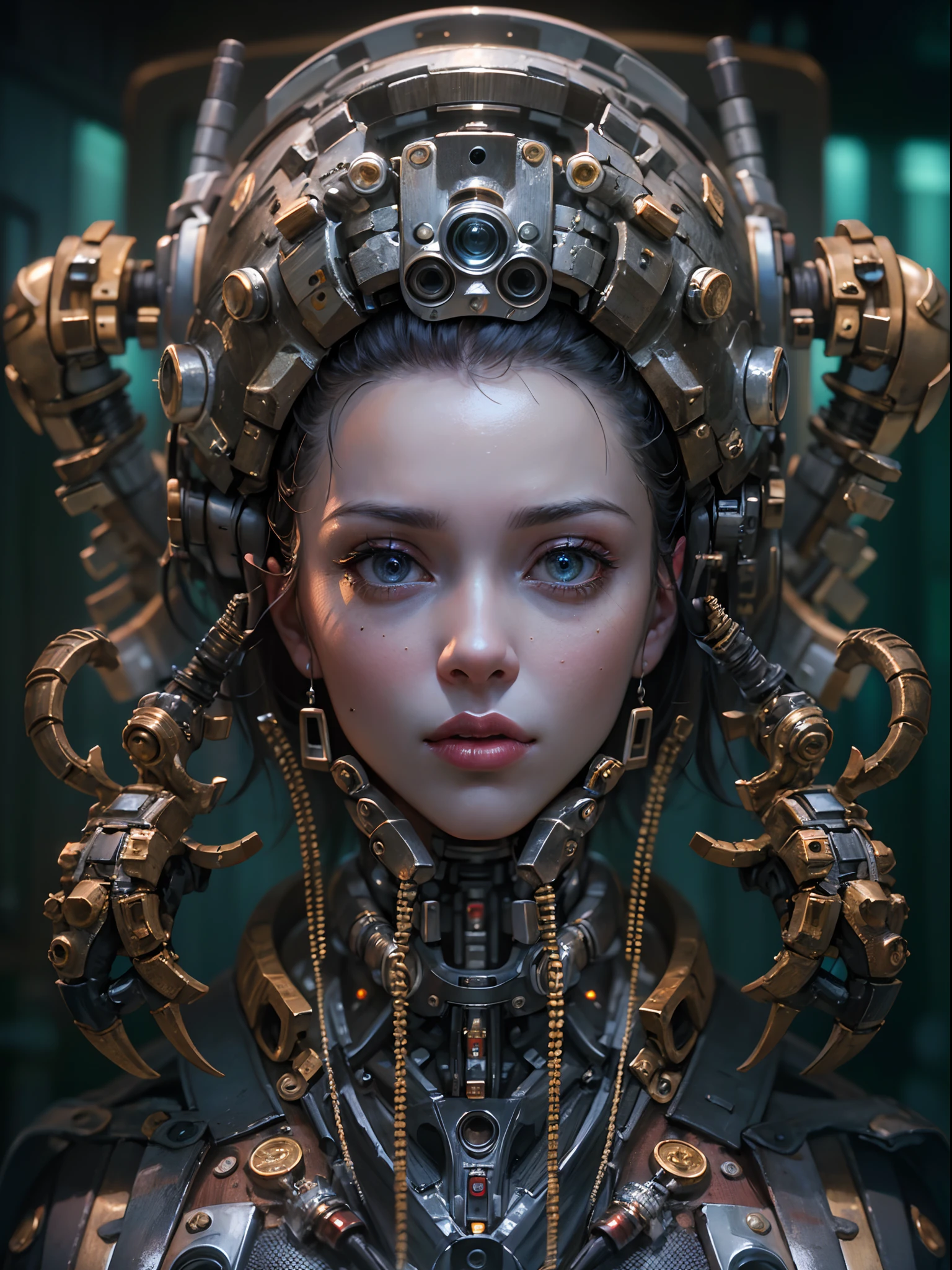 (best quality,4k,8k,highres,masterpiece:1.2),ultra-detailed,(realistic,photorealistic,photo-realistic:1.37),metallic,mechanical woman wearing alien limb,humanoid,mechanical limb,mechanical female creature,beautiful detailed eyes,beautiful detailed lips,extremely detailed eyes and face,long eyelashes,horror background,portraits,perfect composition,symmetry,vivid colors,studio lighting,mysterious shadows,sharp focus,sci-fi,cyberpunk,metallic tones,glowing lights