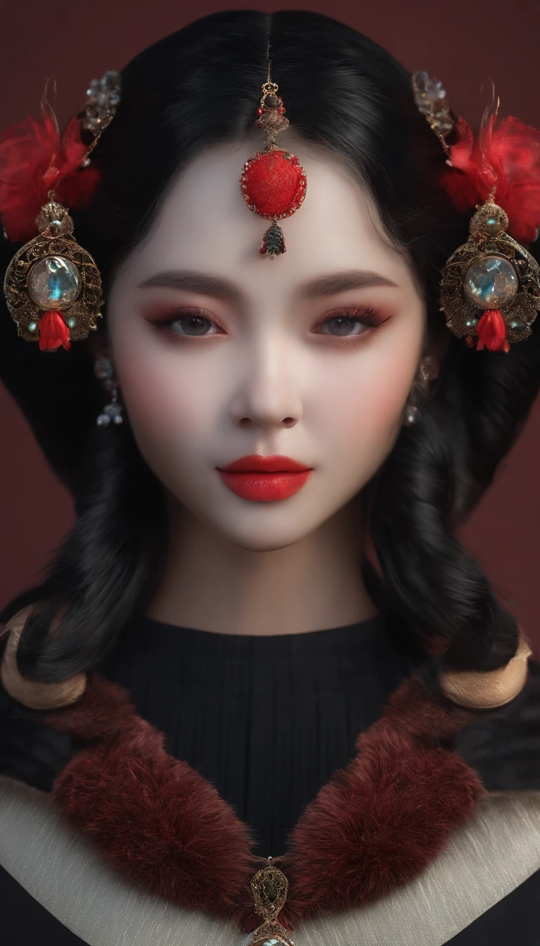 black hair, hair bobbles, wince, longeyelashes, solid circle eyes, fake animal ears, ear blush, fang, Surrealism, drop shadow, anaglyph, stereogram, tachi-e, pov, atmospheric perspective, 8k, super detail, ccurate, best quality