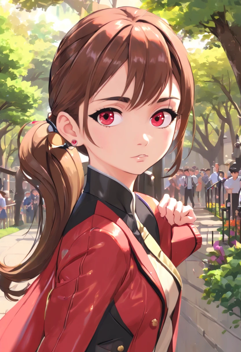 ((Top quality, 8K, 巨作: 1.3)), Sharp focus: 1.2, Perfect style, (Adoring eyes: 2.0), Attractive feminine body, Beautiful, most famous in the world, a constriction of the waist, Beautiful legs, taut skin, Very detailed face and skin texture, Detailed eyes, Double eyelids, Pale cheeks, Healthy skin, (Double ponytail, Dark brown hair), (All red latex set: 1.2),