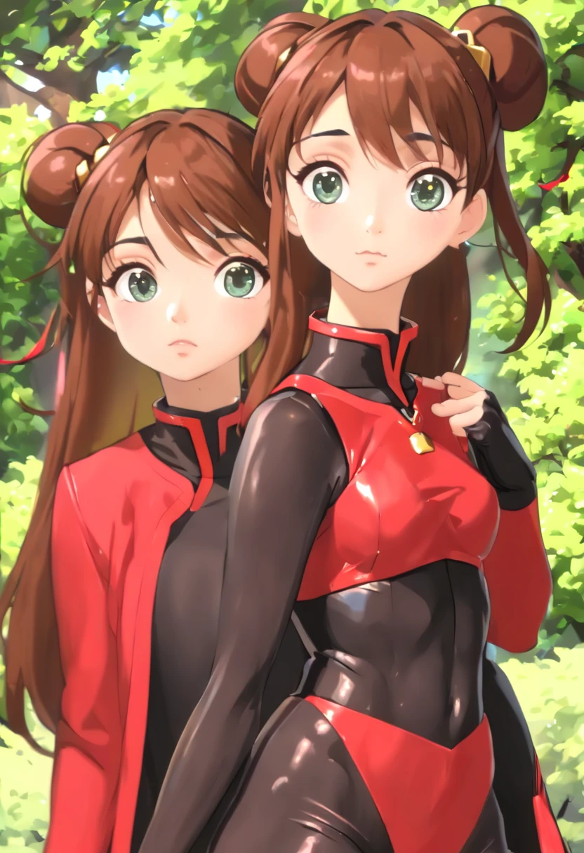 ((Top quality, 8K, 巨作: 1.3)), Sharp focus: 1.2, Perfect style, (Adoring eyes: 2.0), Attractive feminine body, Beautiful, most famous in the world, a constriction of the waist, Beautiful legs, taut skin, Very detailed face and skin texture, Detailed eyes, Double eyelids, Pale cheeks, Healthy skin, (Double ponytail, Dark brown hair), (All red latex set: 1.2),