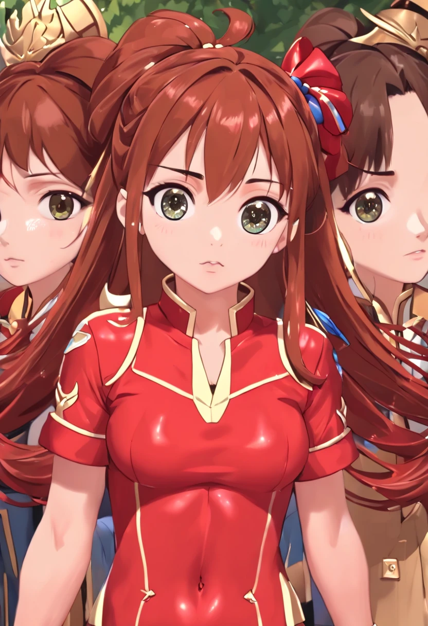 ((Top quality, 8K, 巨作: 1.3)), Sharp focus: 1.2, Perfect style, (Adoring eyes: 2.0), Attractive feminine body, Beautiful, most famous in the world, a constriction of the waist, Beautiful legs, taut skin, Very detailed face and skin texture, Detailed eyes, Double eyelids, Pale cheeks, Healthy skin, (Double ponytail, Dark brown hair), (All red latex set: 1.2),