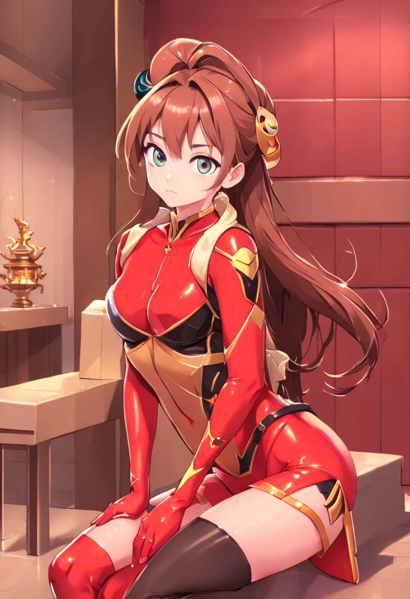 ((Top quality, 8K, 巨作: 1.3)), Sharp focus: 1.2, Perfect style, (Adoring eyes: 2.0), Attractive feminine body, Beautiful, most famous in the world, a constriction of the waist, Beautiful legs, taut skin, Very detailed face and skin texture, Detailed eyes, Double eyelids, Pale cheeks, Healthy skin, (Double ponytail, Dark brown hair), (All red latex set: 1.2),