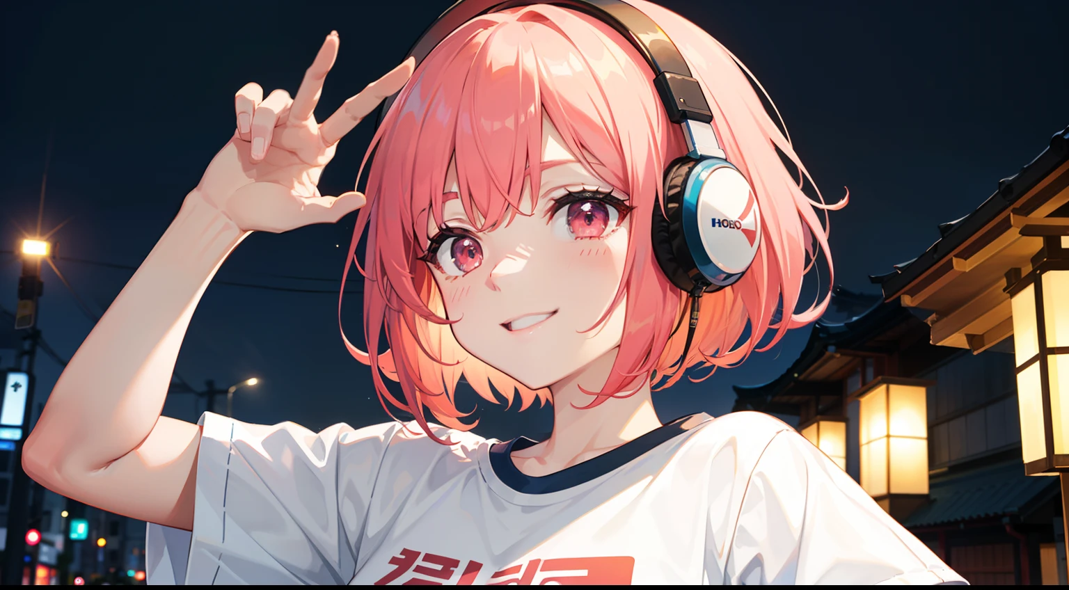 Red LED Female Illustration Profile,white t-shirts,Hairstyle Short Bob,Pink hair,Wear overhead headphones, A smile、front-facing view, Background of Japan in Tokyo, natta,night scene,Provector, high detailing, Vibrant, Japan hologram symbol, Barcode Design, 4K, nffsw, masutepiece