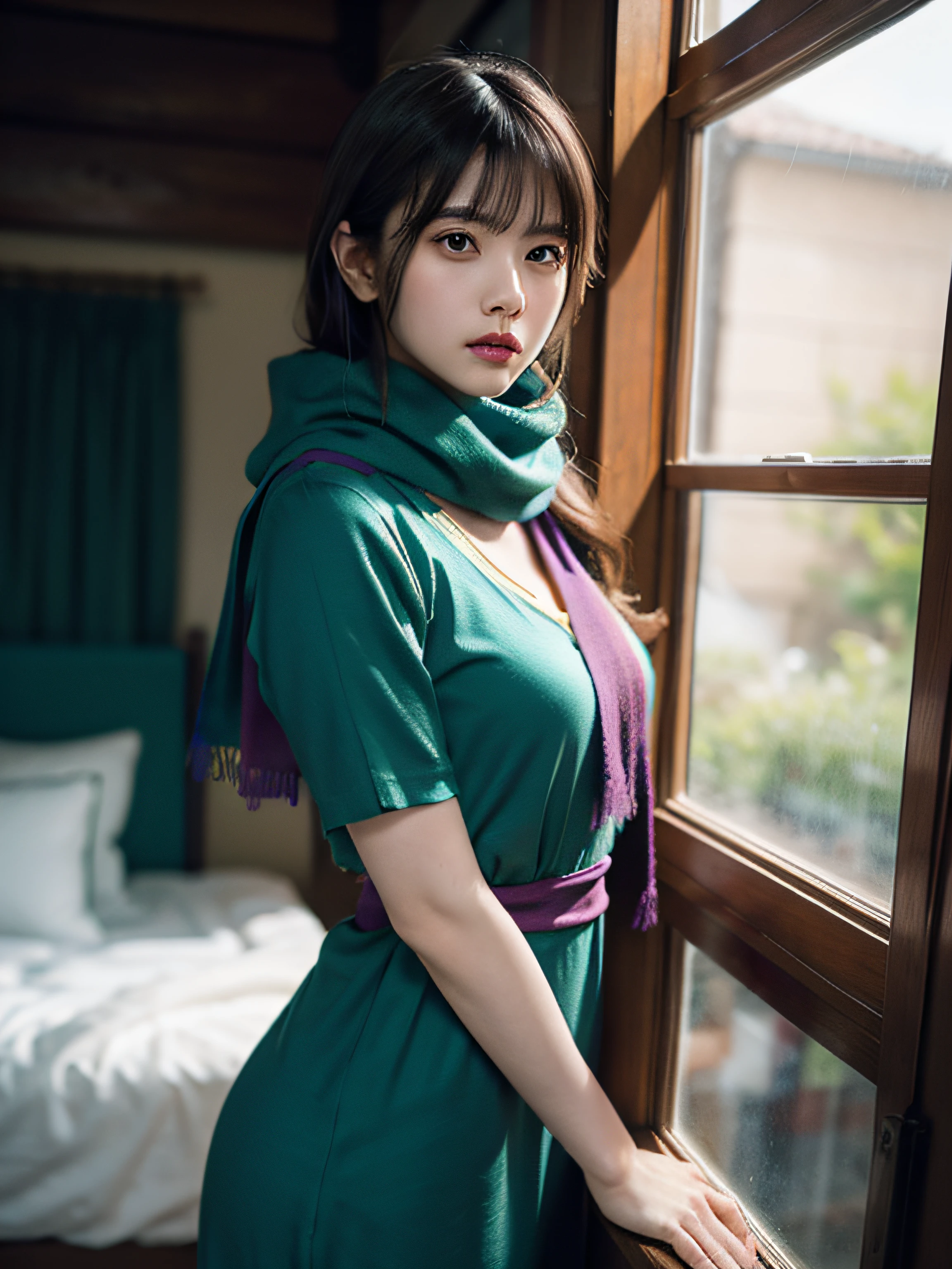 top-quality、8k picture、Woman in long green scarf and blue dress, beautiful character painting, a beautiful fantasy empress, by Yang J, style of artgerm, artgerm and ruan jia, very detailed Artgerm, trending artgerm, ArtGerm. Anime Illustration, ruan jia and artgerm, inspired by Pu Hua, artgerm detailed