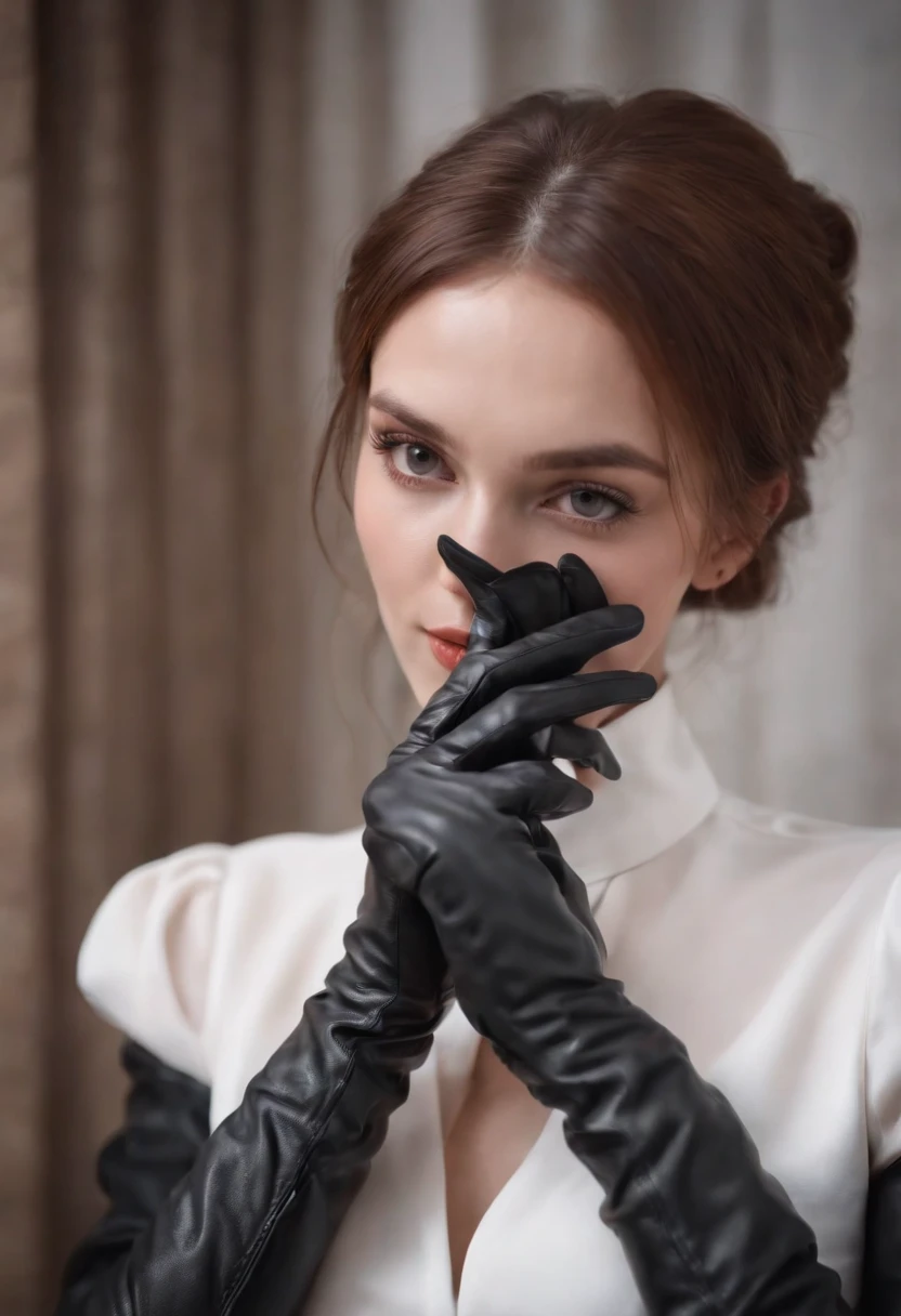 The mysterious hand of a woman wearing black leather gloves on her hand, long sleeves of a white blouse, eating alone, close-up only her hands
