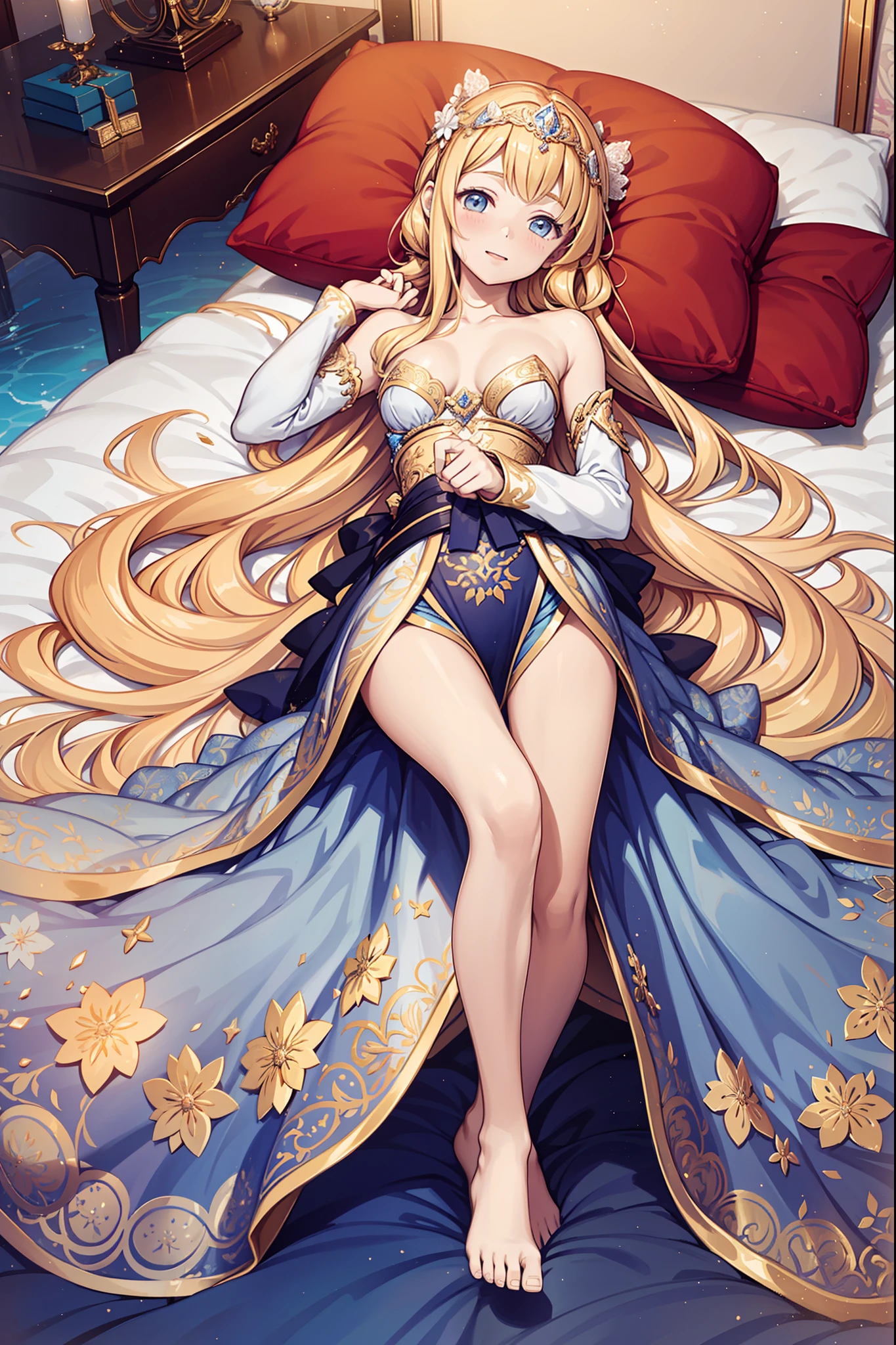 s girl，divino，Enchanted，having fun，Being in love，Pale gold dress，transparent costume，intricate detailed clothes，Pattern，Princess headband，A small amount of lace，swim wears，Bedrooms，solo person，the night，(Lie down)，pillow head