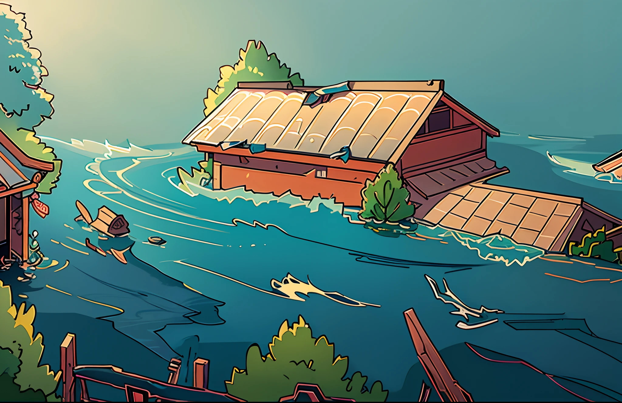 floods，water bloom，disaster，Collapsed houses，The tree，Confucian style，storybook illustrations，Illustrated story，