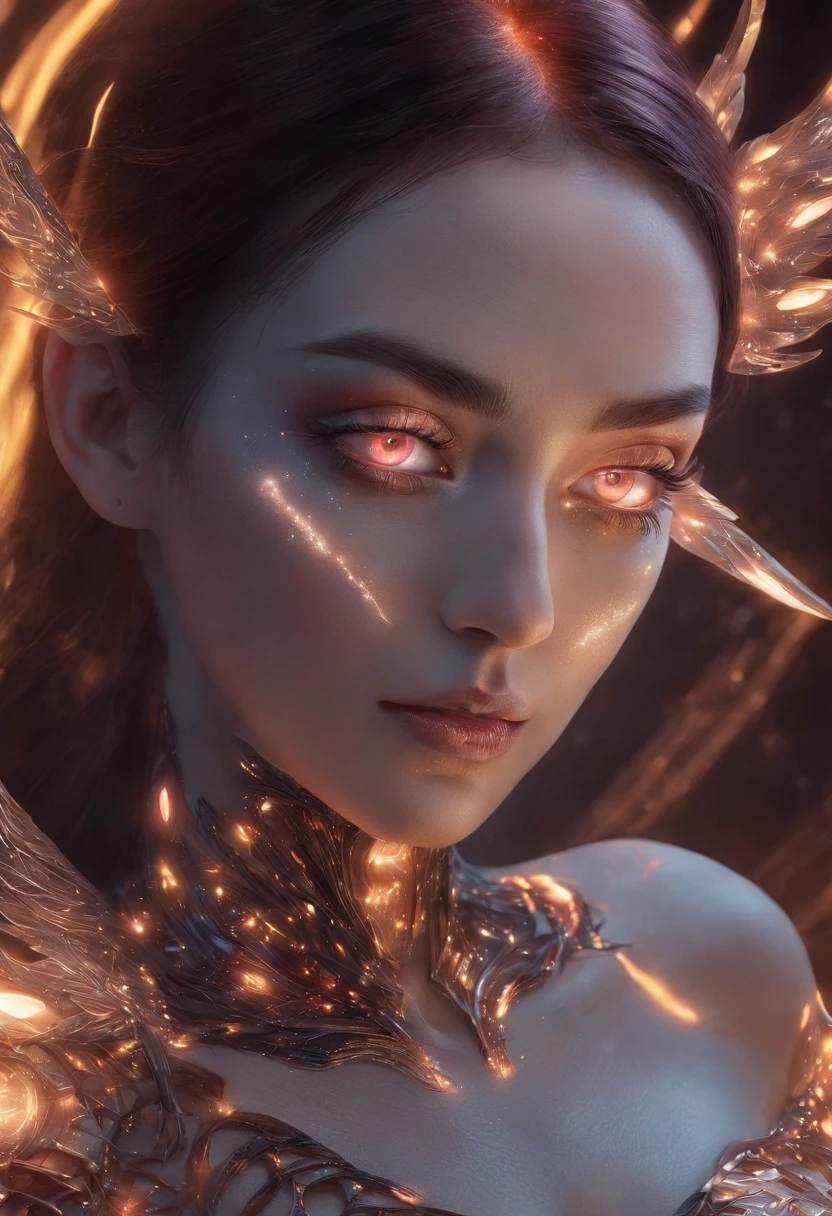 Cosmic Fallen Angel, glowing light eyes, Delicate and beautiful face,Bigchest,Biomechanical, eerie, Dream-like, Very bright colors, Light particles, with light glowing, Lucifer, wallpaper art, UHD wallpaper