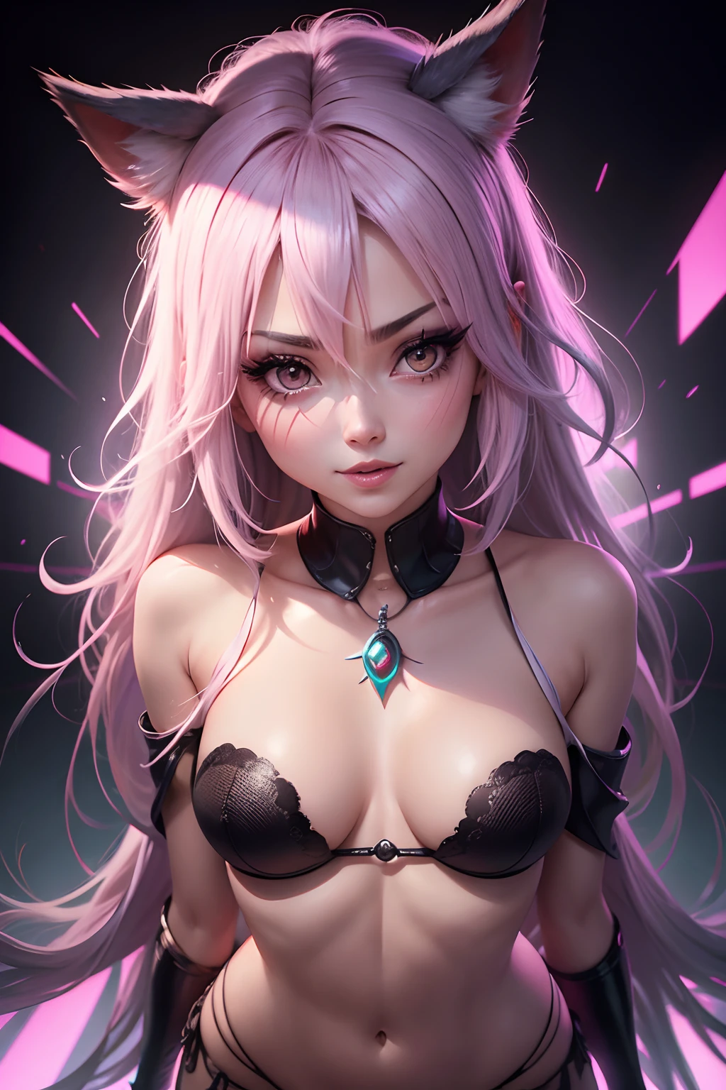 sexy, Neeko lol, cabelos pretos, bobes de cabelo, Wince, long eyeslashes, solid circle eyes, orelhas de animais falsas, sorriso leve, blush da orelha, aperto, surrealismo, sombra projetada, Anaglyph, Estereograma, Tachi-E, Pov, atmosphric perspective, 8k, super detalhe, ccurate, best quality
