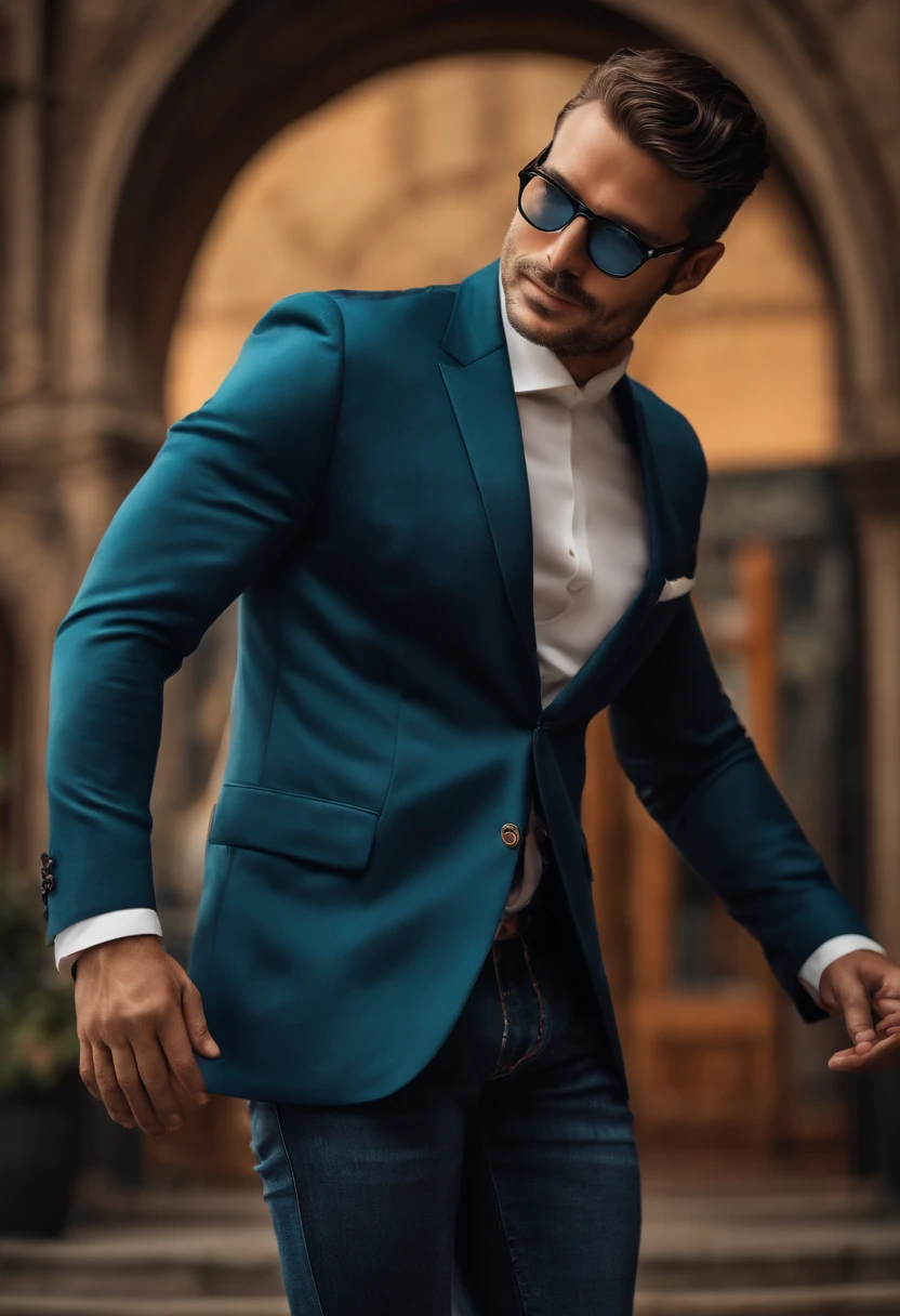 Using AI generative tools, create an image of a suave man donning a jacket and jeans, with stylish spectacles on his face. He should be gracefully holding a sign that reads 'Thanks for the warm wishes' in an artistic manner.