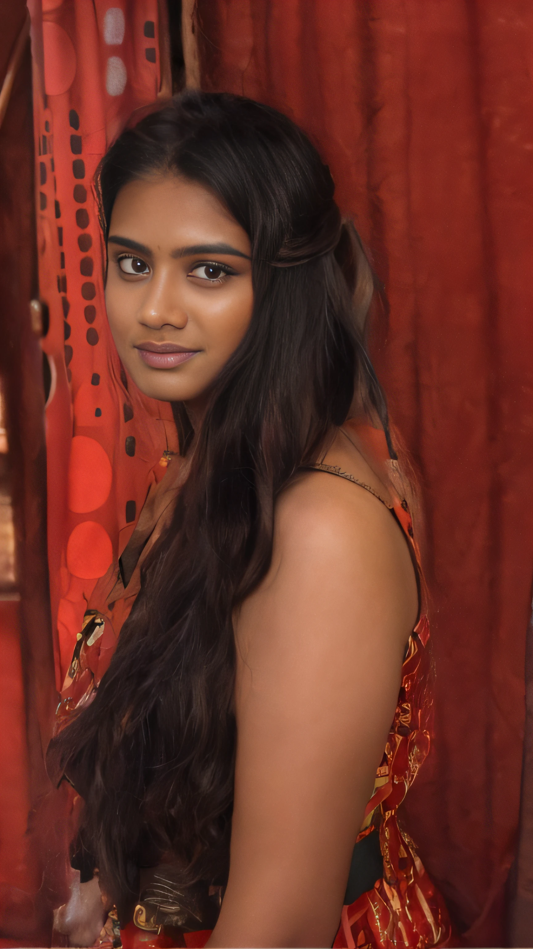 a close up of a woman with long hair and a red dress, attractive girl, with long hair, indian, very beautiful girl, indian goddess, very beautiful enga style, long hair girl, indian girl with brown skin, attractive and beautiful, traditional beauty, very attractive and beautiful, attractive pose, girl with super long hair, tiktok video, girl with long hair,  ((film grain, skin details, high detailed skin texture, 8k hdr, dslr)), photography taken by sony DSLR, Hd image