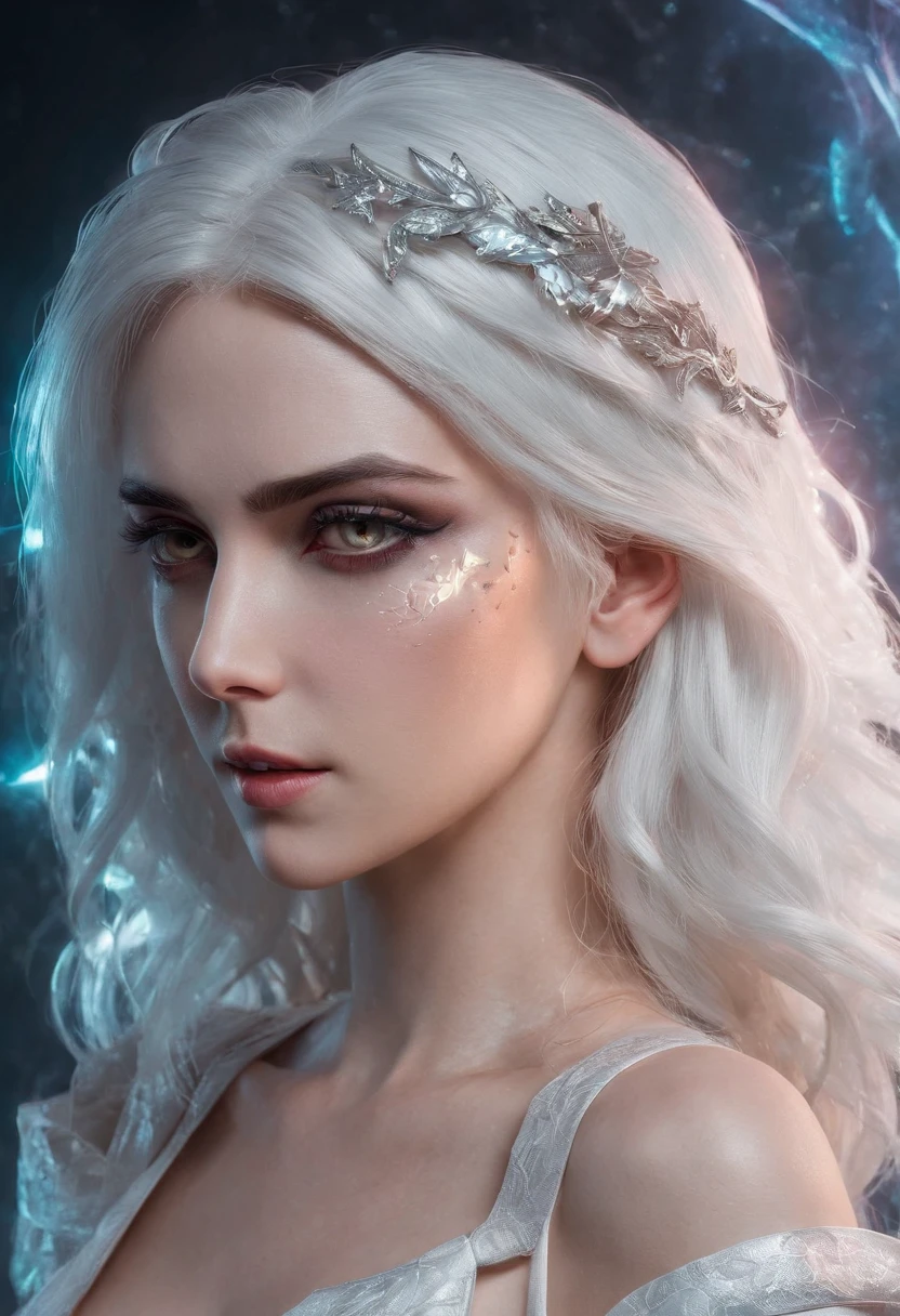 Cirilla Fiona Elen Riannon,Cosmic Fallen Angel, glowing light eyes, Delicate and beautiful face,Bigchest,Biomechanical, eerie, Dream-like, Very bright colors, Light particles, with light glowing, Lucifer, wallpaper art, UHD wallpaper