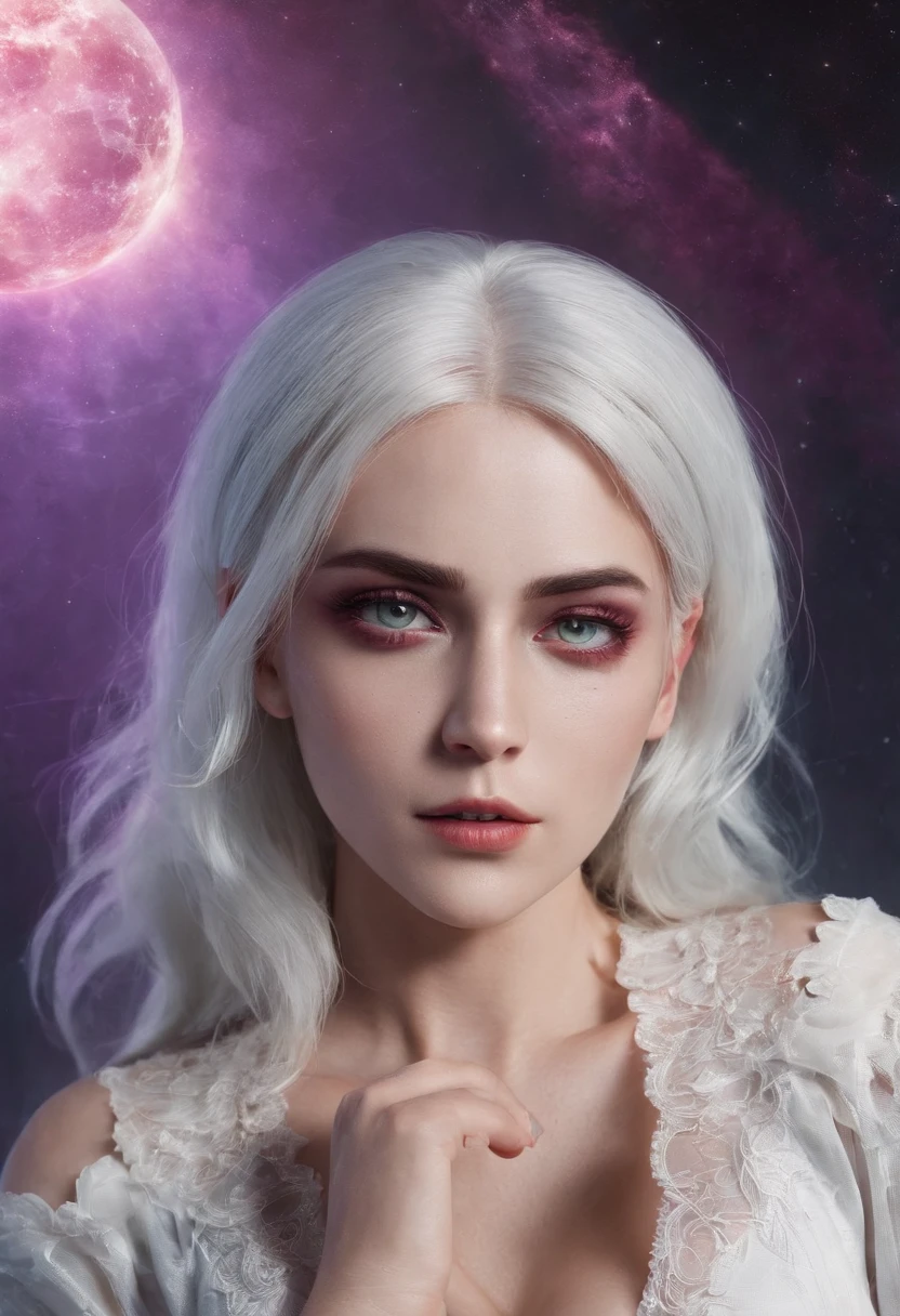 Cirilla Fiona Elen Riannon,Cosmic Fallen Angel, glowing light eyes, Delicate and beautiful face,Bigchest,Biomechanical, eerie, Dream-like, Very bright colors, Light particles, with light glowing, Lucifer, wallpaper art, UHD wallpaper