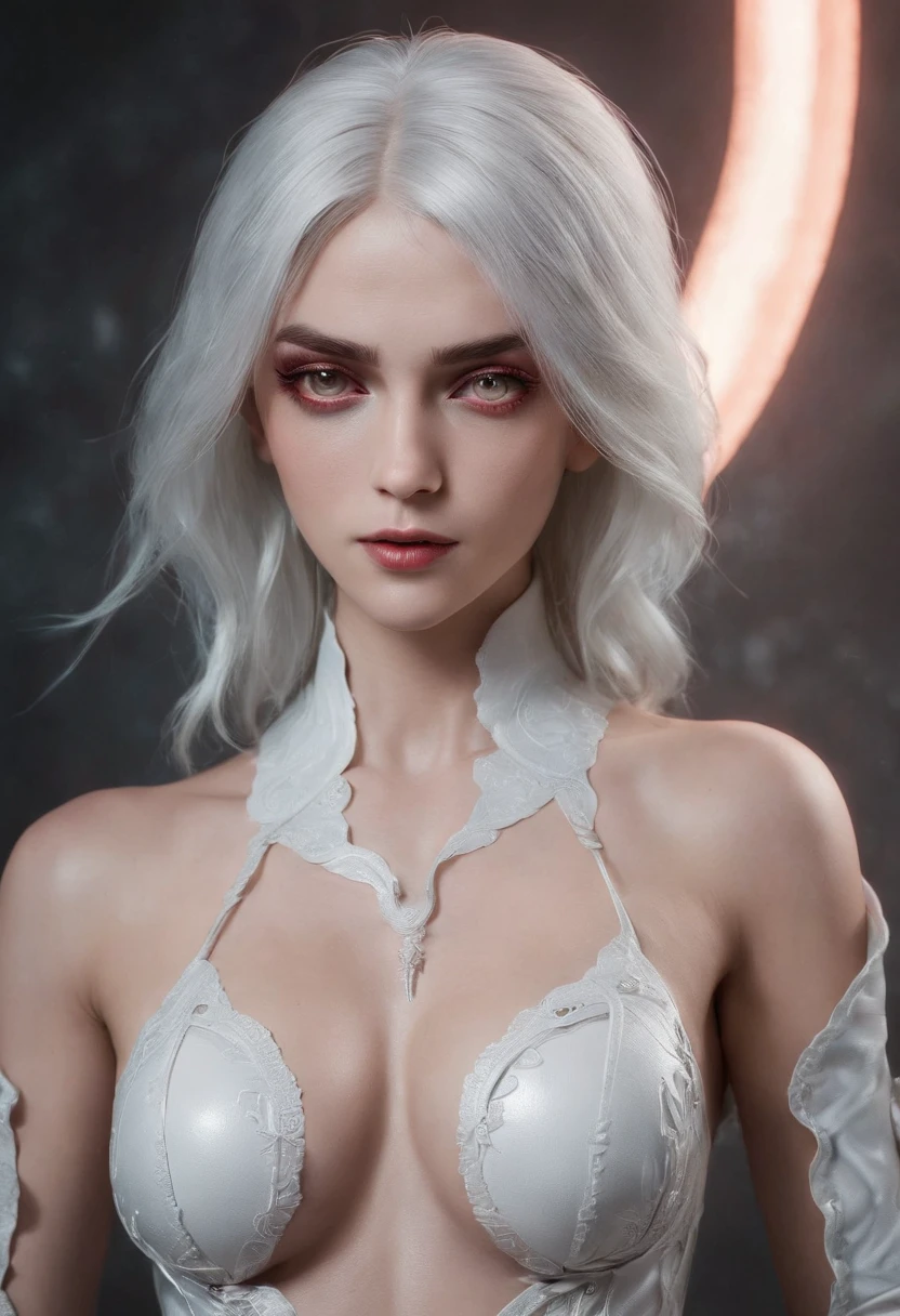 Cirilla Fiona Elen Riannon,Cosmic Fallen Angel, glowing light eyes, Delicate and beautiful face,Bigchest,Biomechanical, eerie, Dream-like, Very bright colors, Light particles, with light glowing, Lucifer, wallpaper art, UHD wallpaper