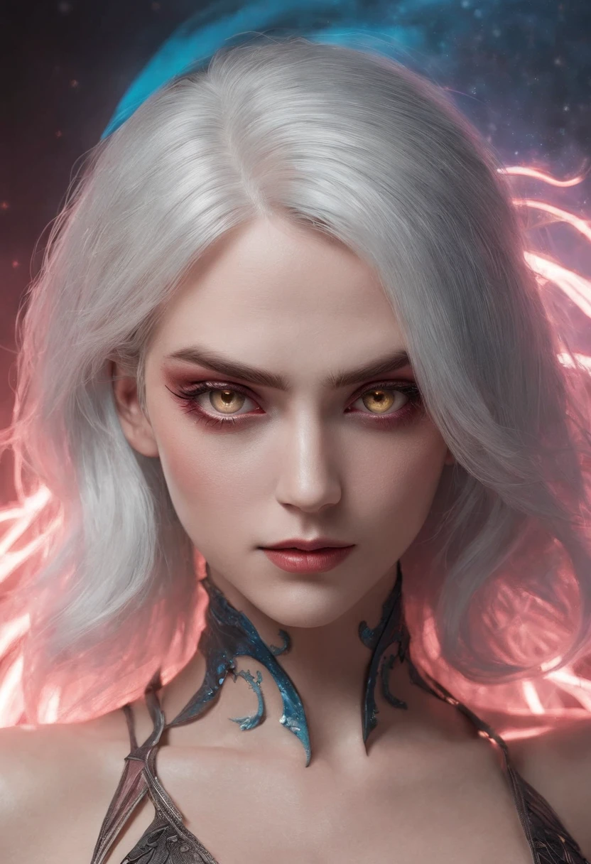 Cirilla Fiona Elen Riannon，Cosmic Fallen Angel, glowing light eyes, Delicate and beautiful face，Bigchest，Biomechanical, eerie, Dream-like, Very bright colors, Light particles, with light glowing, Lucifer, wallpaper art, UHD wallpaper