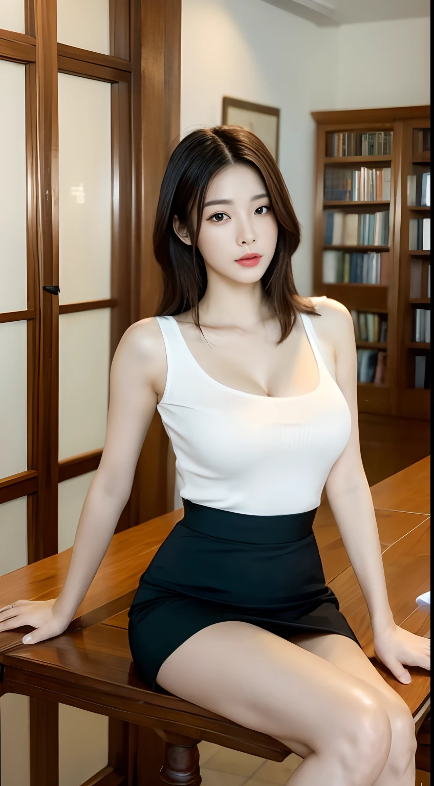 Library, Korean beauties, Korean mixed, realistic, (((best quality))), 8k, ((masterpiece)), (extremely delicate and beautiful), very detailed, ((very detailed face)), (very detailed eyes)), best quality, 1 girl, solo, (single bare-shouldered shirt short: 1.1), shiny skin, shiny hair, heart-shaped pupils, (big breasts: 1.4), short skirt, (sit up straight), (read),