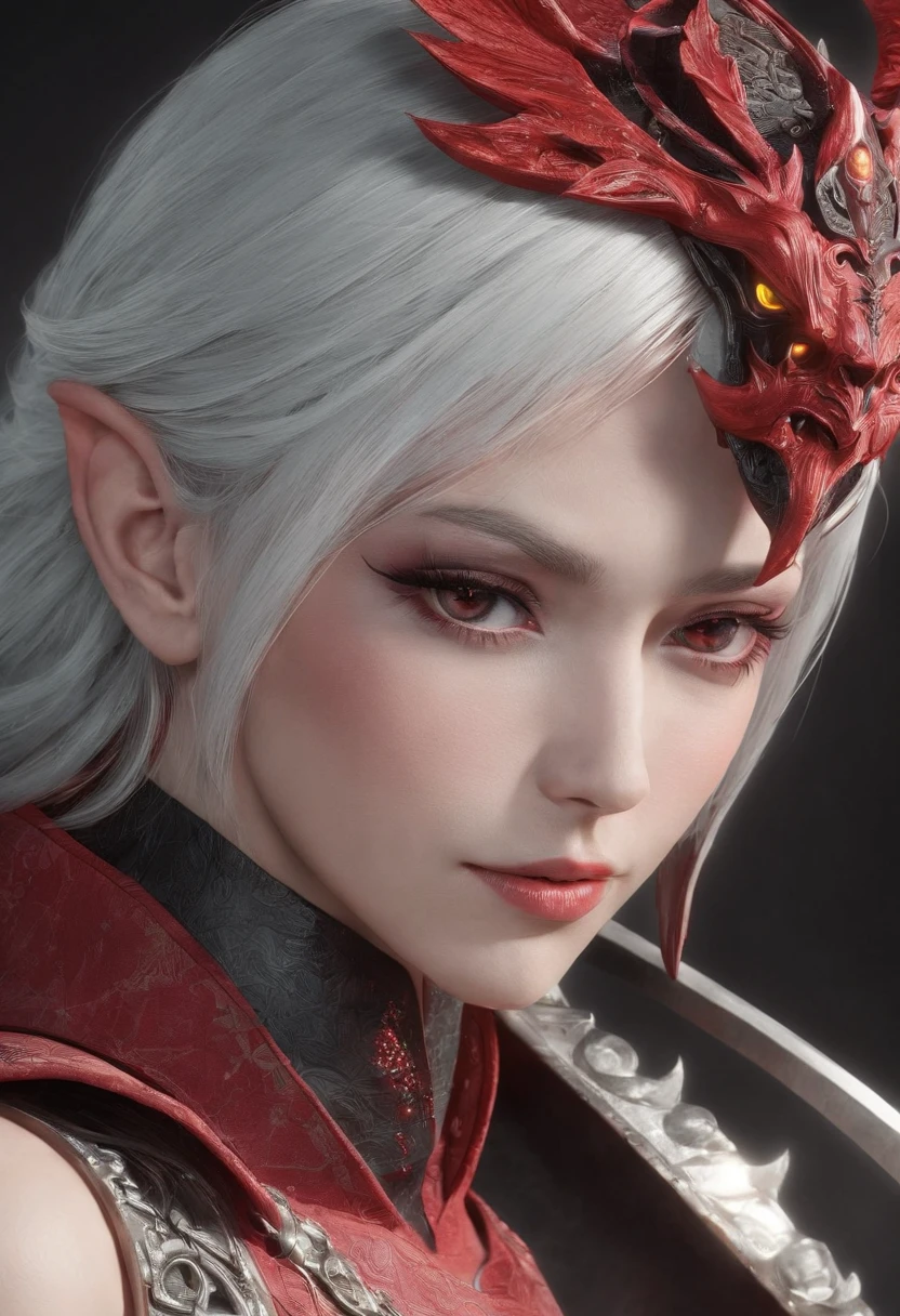Cirilla Fiona Elen Riannon，Highest image quality，Outstanding details，超高分辨率，（Fidelity：1.4）, Favor the details，closeup cleavage，dawn，Snow，winter，Wizard Sword，He has a delicate and beautiful face，Red Japanese oni armor，Raised sexy，frontage，cyber punk perssonage，Futuristic，mechanically aesthetic，Virtual Engine 5，Perfect detail rendering，rendering by octane，hyper HD