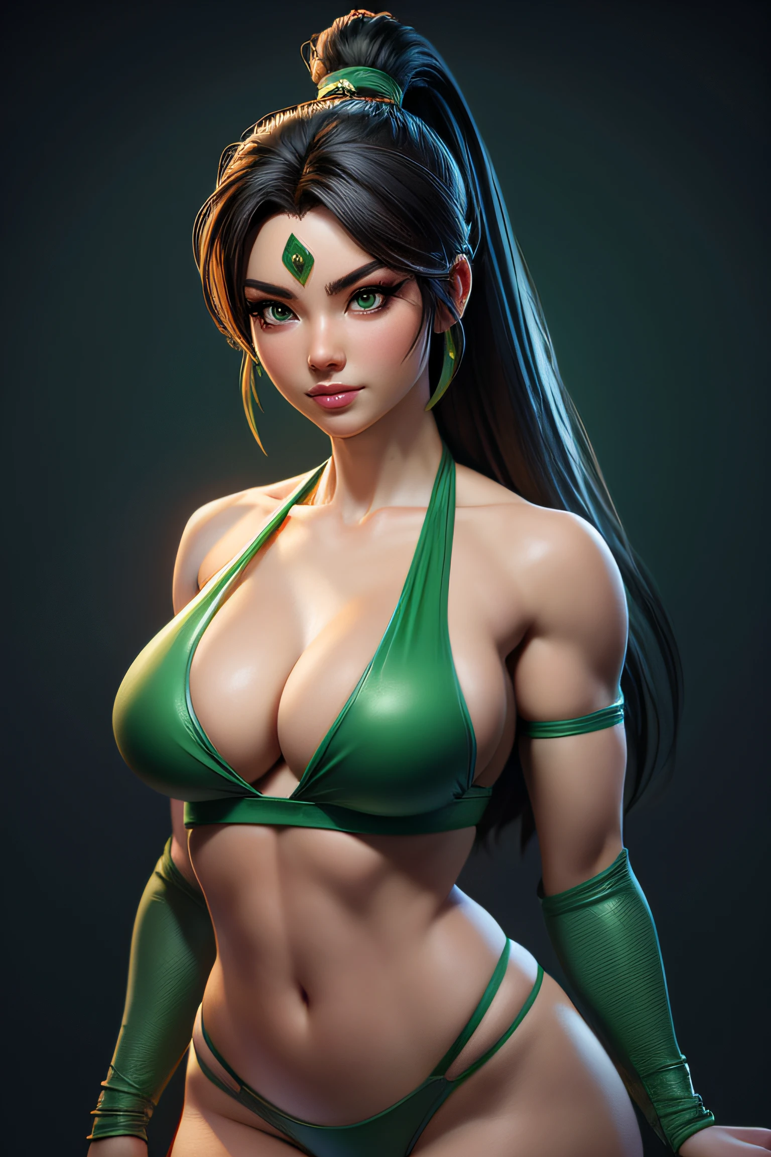 woman, Jade from Mortal Kombat, cleavage, In China, medium breasts, 4K Quality, sexy, green bikini, sexy pose