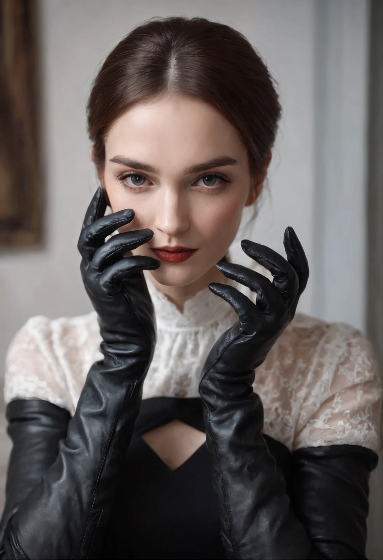The mysterious hand of a woman wearing black leather gloves on her hand, long sleeves of a white blouse, eating alone, close-up only her hands